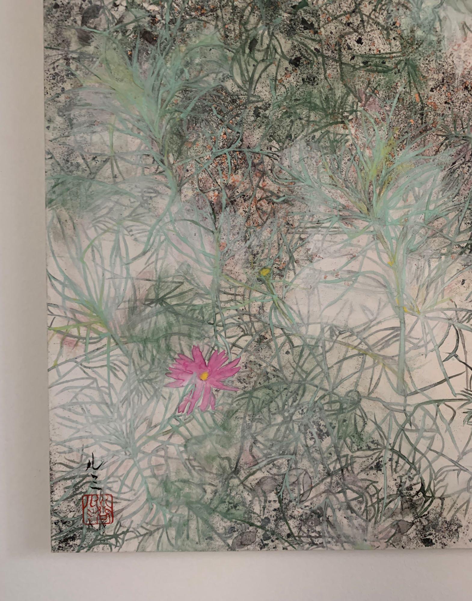 Cosmos II by Lumi Mizutani - Japanese style landscape painting, pink flowers For Sale 4