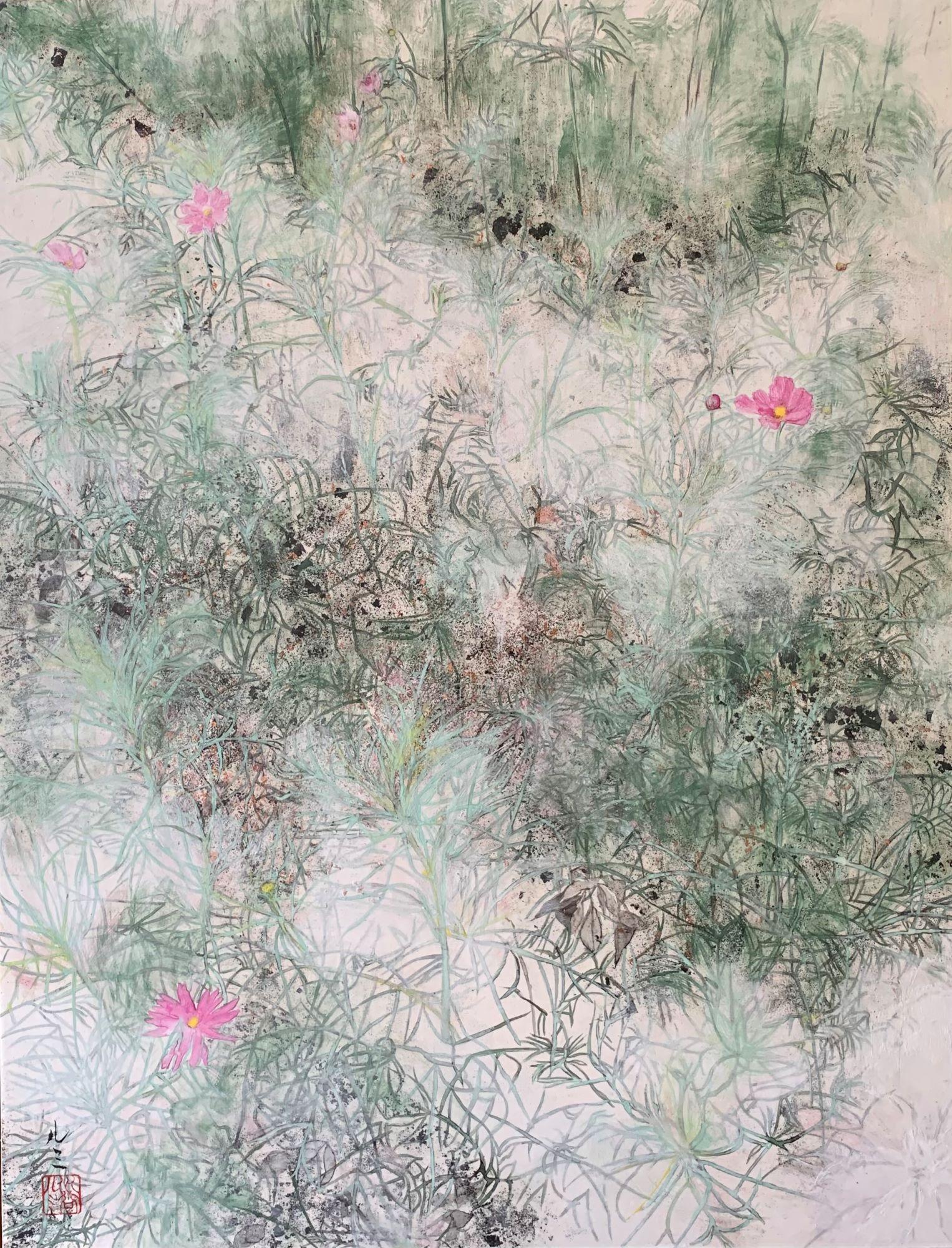Cosmos II von Lumi Mizutani – Landschaftsgemälde im japanischen Stil, rosa Blumen
