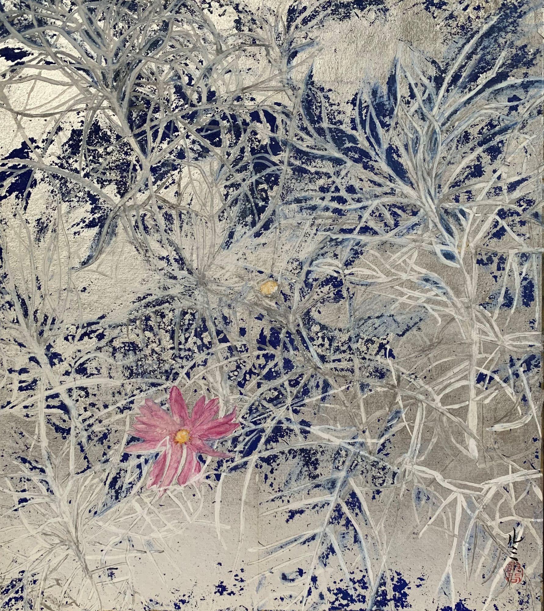 Cosmos IV by Lumi Mizutani - Japanese style painting, flower, silver leaves For Sale 1