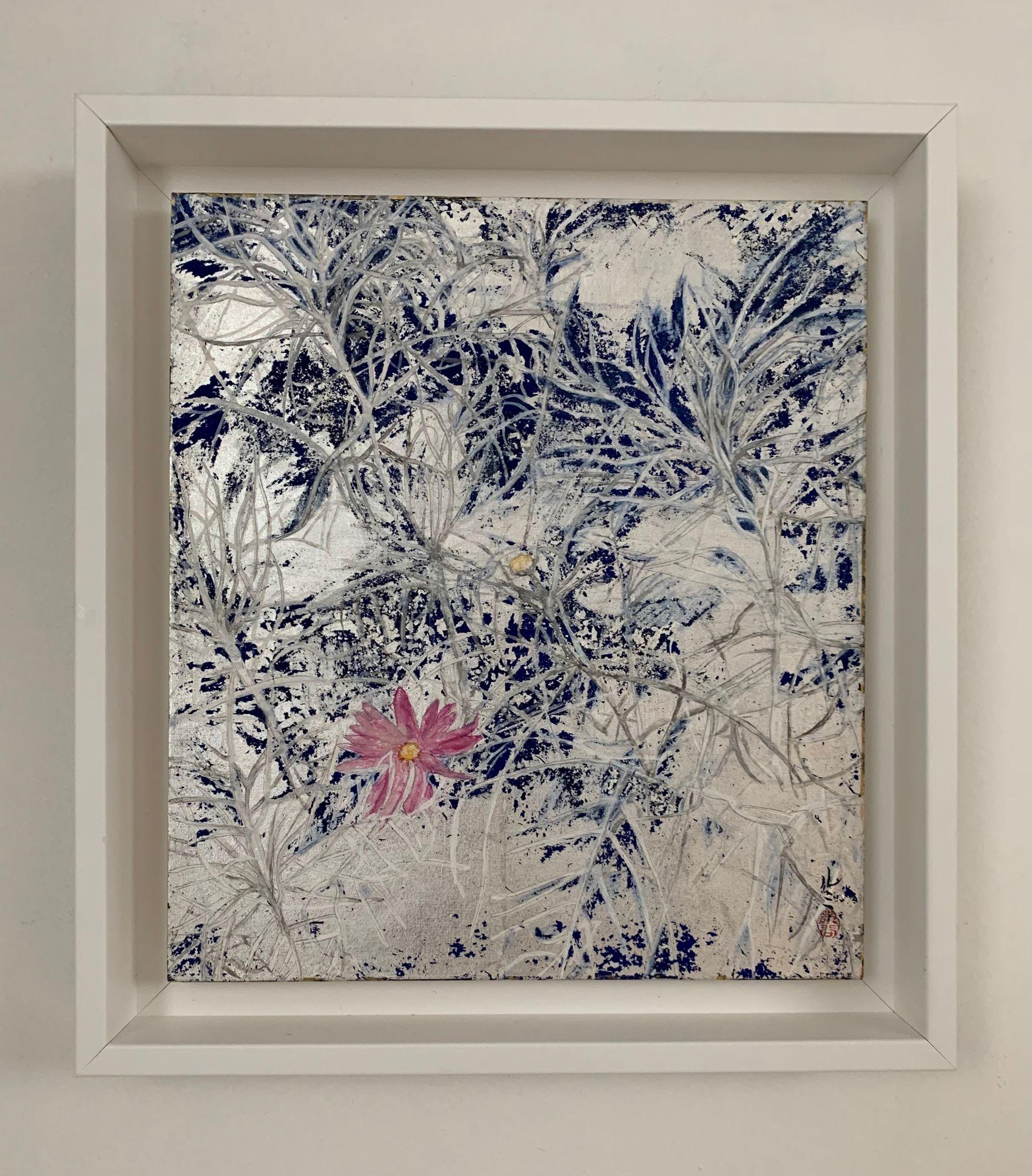 Cosmos IV by Lumi Mizutani - Japanese style painting, flower, silver leaves For Sale 2