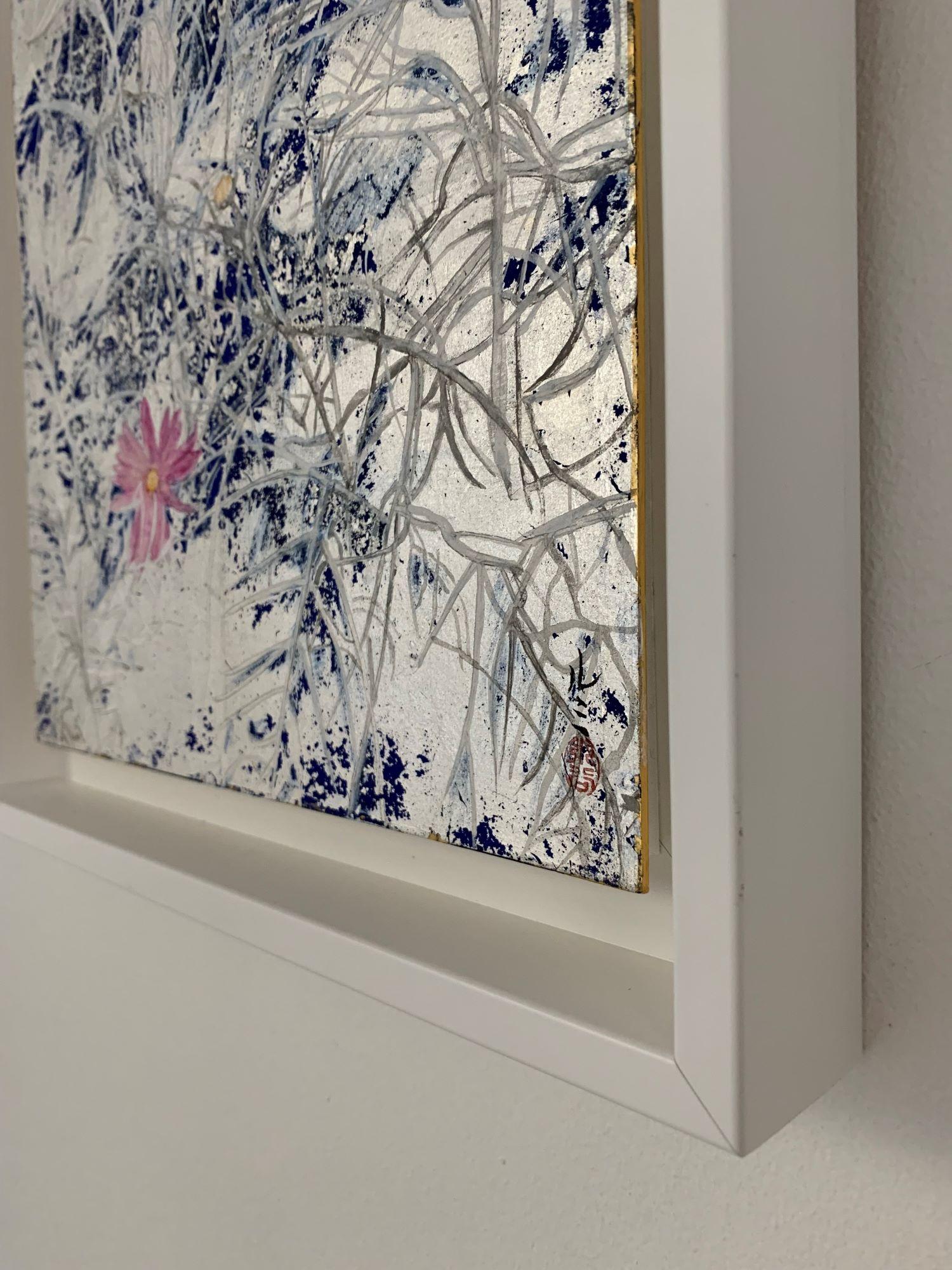 Cosmos IV by Lumi Mizutani - Japanese style painting, flower, silver leaves For Sale 3