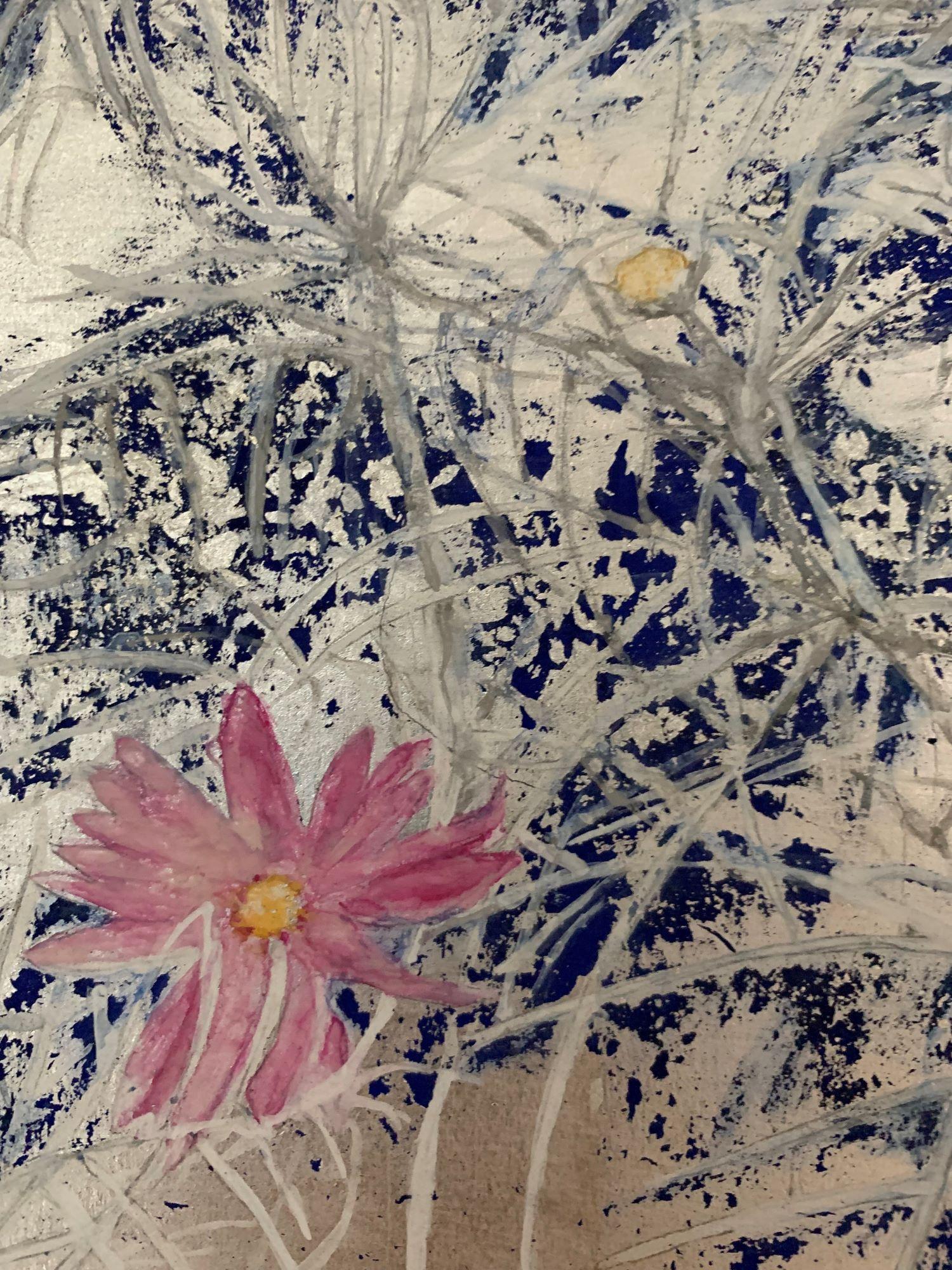 Cosmos IV by Lumi Mizutani - Japanese style painting, flower, silver leaves For Sale 5
