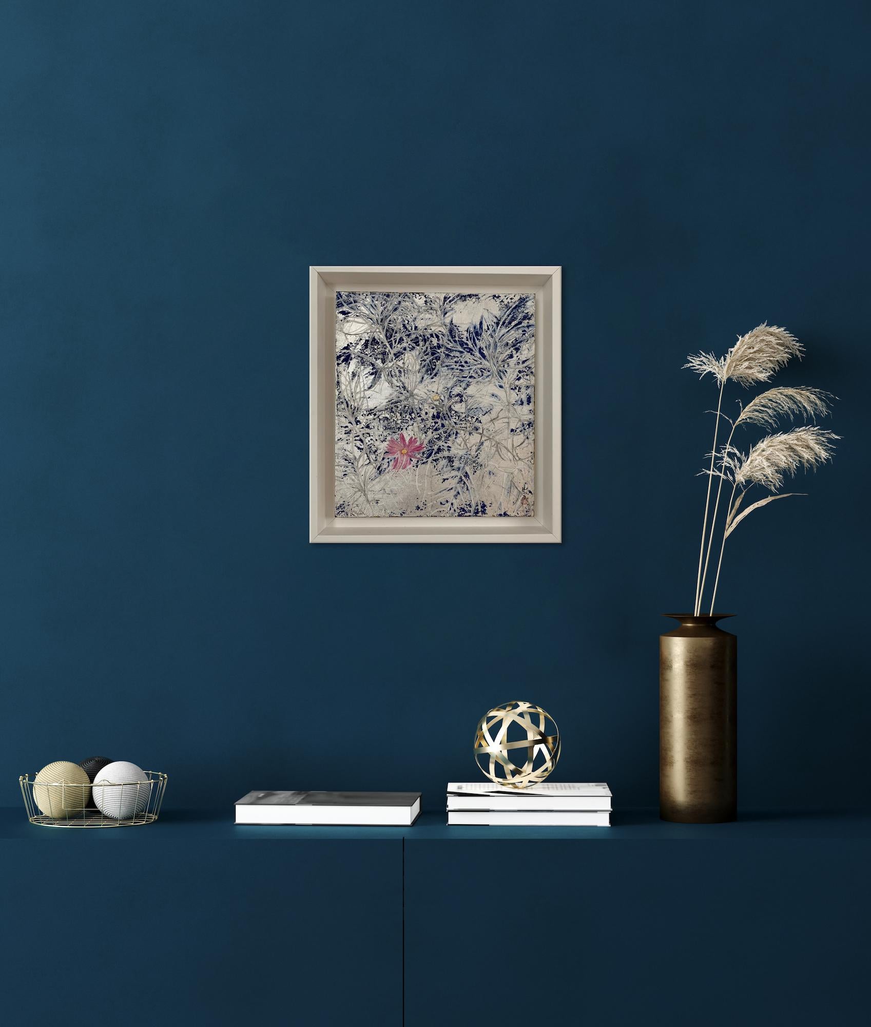Cosmos IV by Lumi Mizutani - Japanese style painting, flower, silver leaves For Sale 6