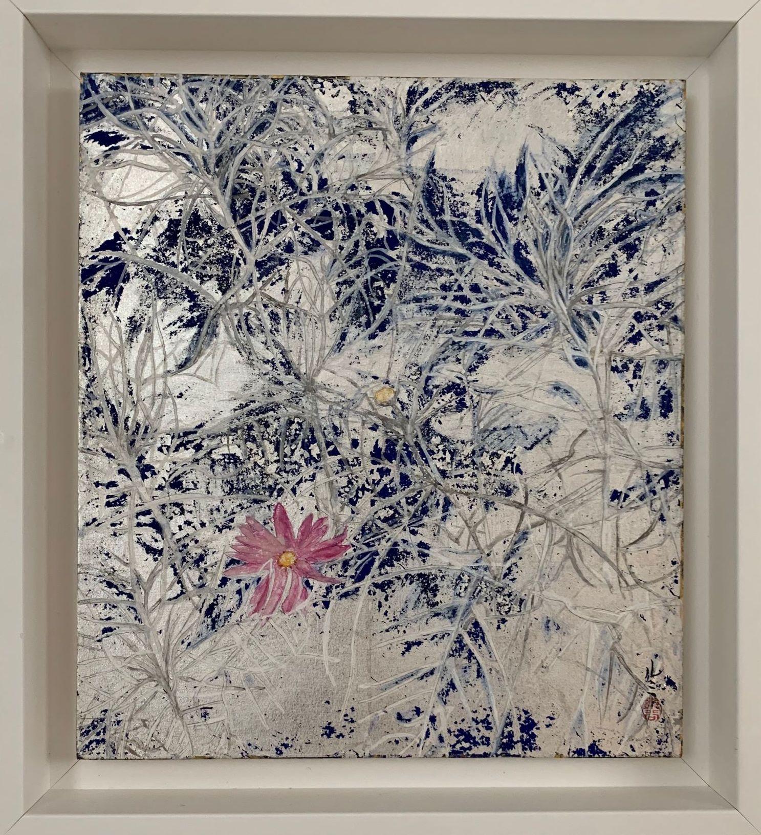 Cosmos IV de Lumi Mizutani - Pintura de estilo japonés, flor, hojas de plata
