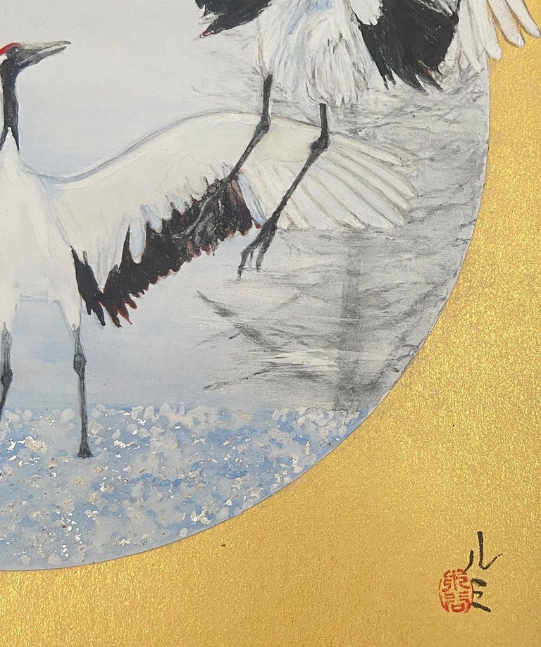 Dancing Cranes by Lumi Mizutani - Japanese Style painting, gold For Sale 2