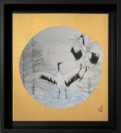 Dancing Cranes by Lumi Mizutani - Japanese Style painting, gold