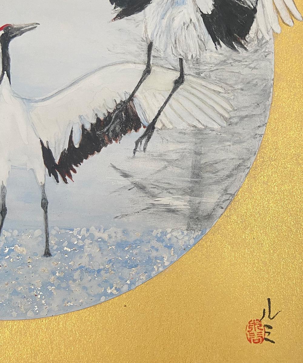 Dancing Cranes by Lumi Mizutani - Small Japanese style painting, gold, birds For Sale 2