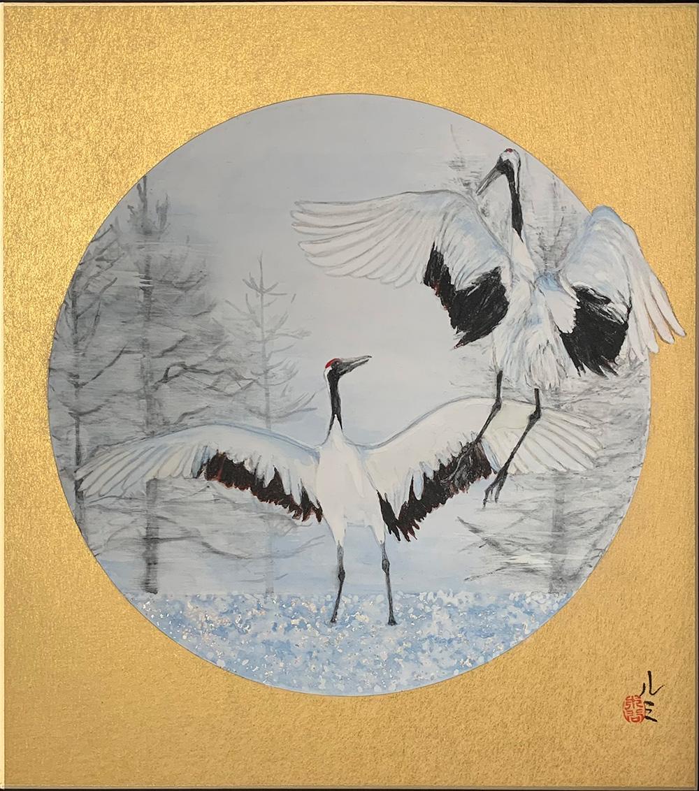 Dancing Cranes von Lumi Mizutani - Kleines Gemälde im japanischen Stil, Gold, Vögel im Angebot 3