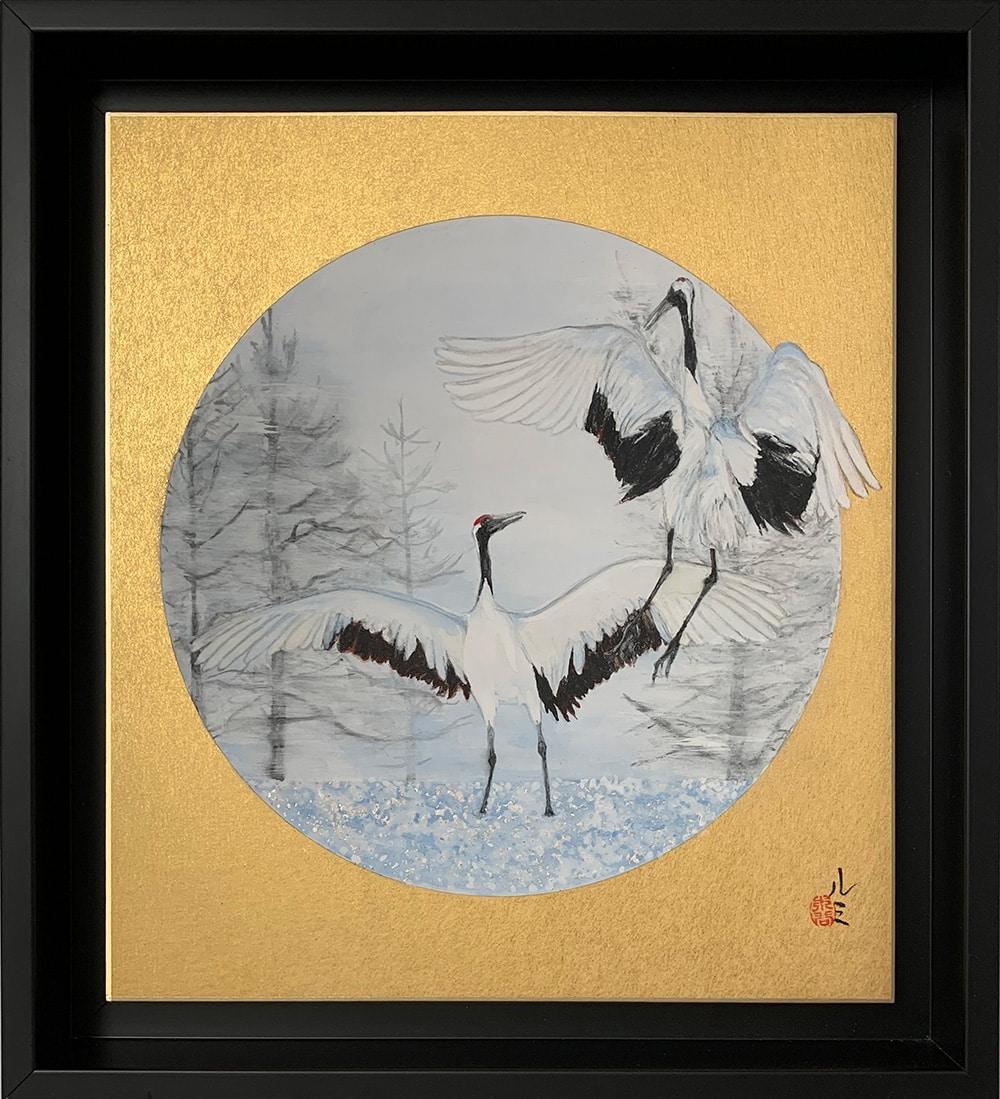 Dancing Cranes von Lumi Mizutani - Kleines Gemälde im japanischen Stil, Gold, Vögel im Angebot 5