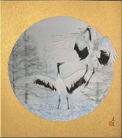 Dancing Cranes von Lumi Mizutani - Kleines Gemälde im japanischen Stil, Gold, Vögel