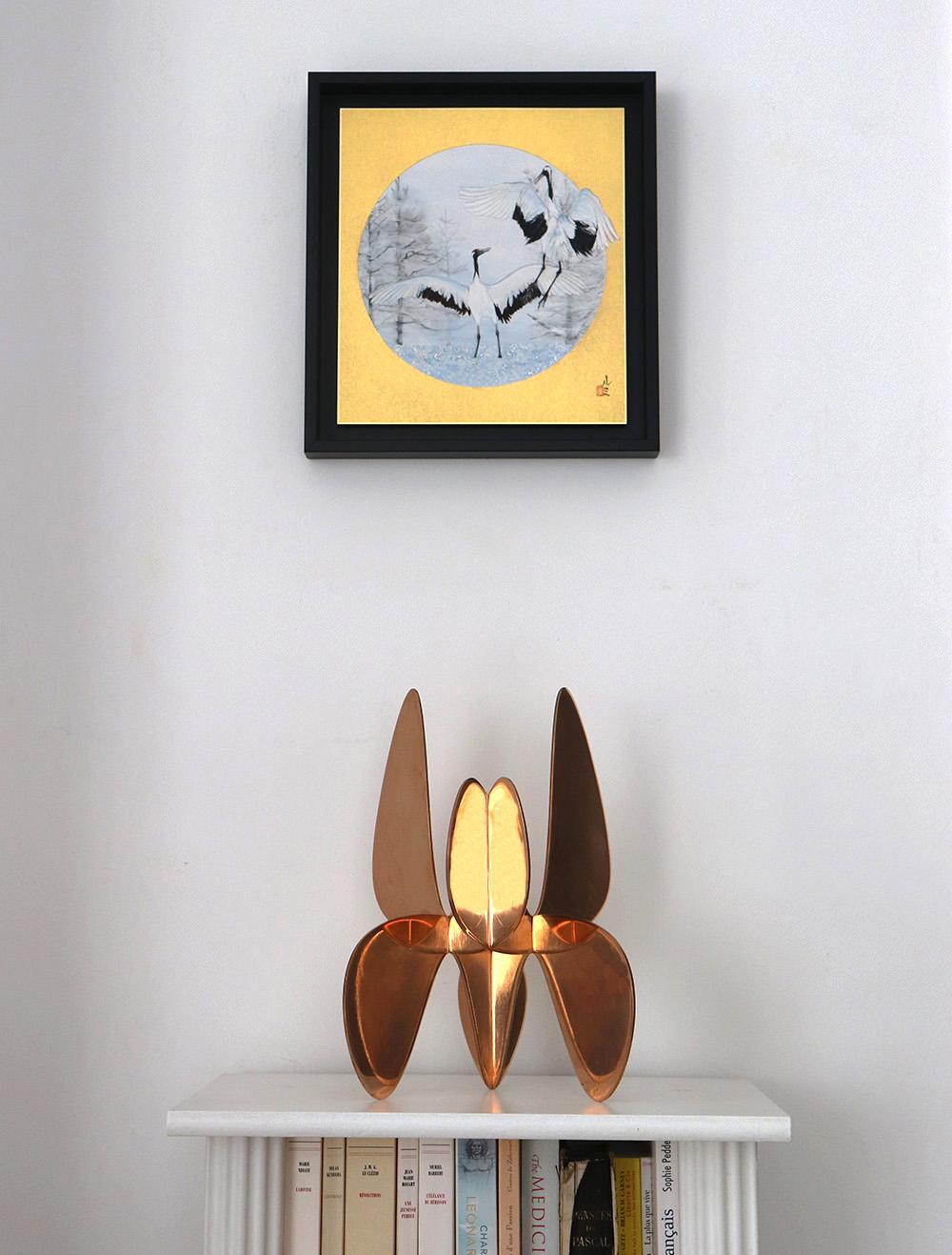 Dancing cranes II by Lumi Mizutani - Small Japanese style painting, gold, birds For Sale 2
