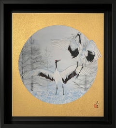 Grullas bailarinas II de Lumi Mizutani - Pequeño cuadro de estilo japonés, oro, pájaros