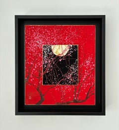 Day and Night II by Lumi Mizutani - Japanese style painting, red, Moon, flower