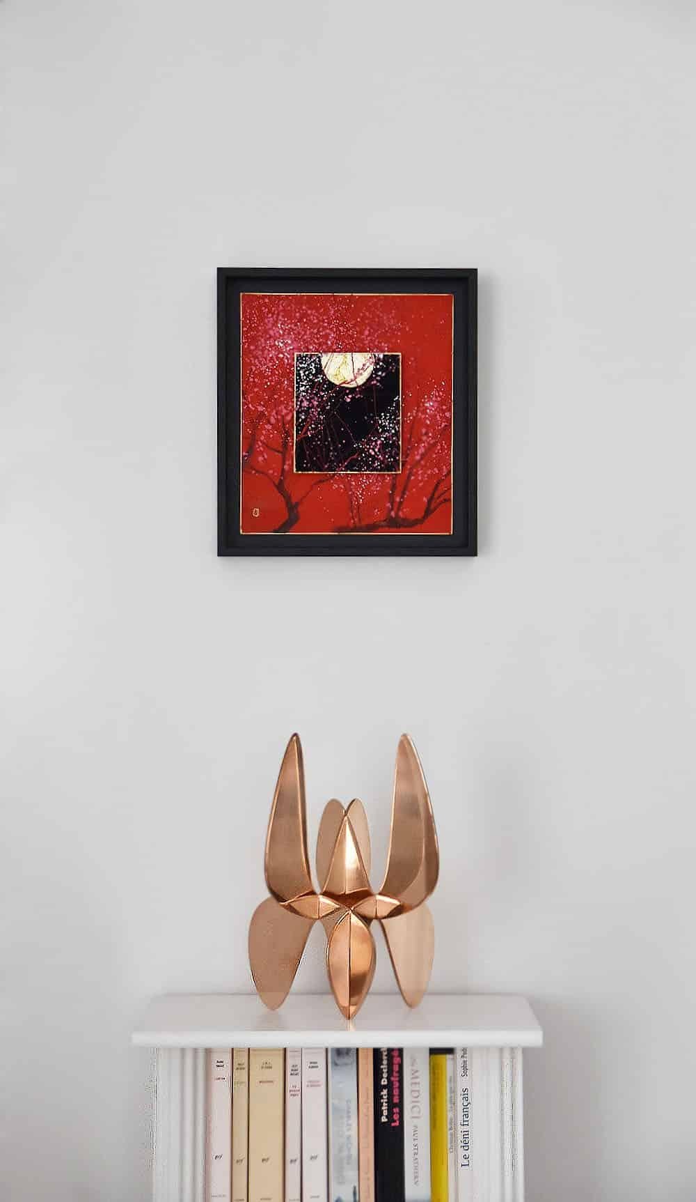 Day and Night II by Lumi Mizutani - Japanese style painting, red, Moon, flower For Sale 5