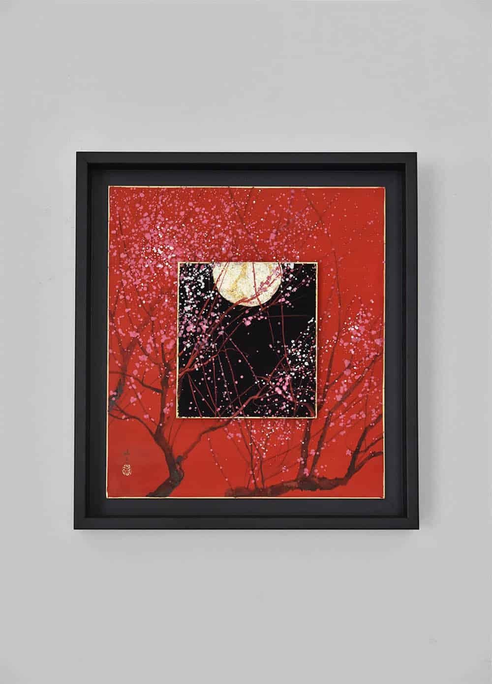Day and Night II by Lumi Mizutani - Japanese style painting, red, Moon, flower For Sale 6