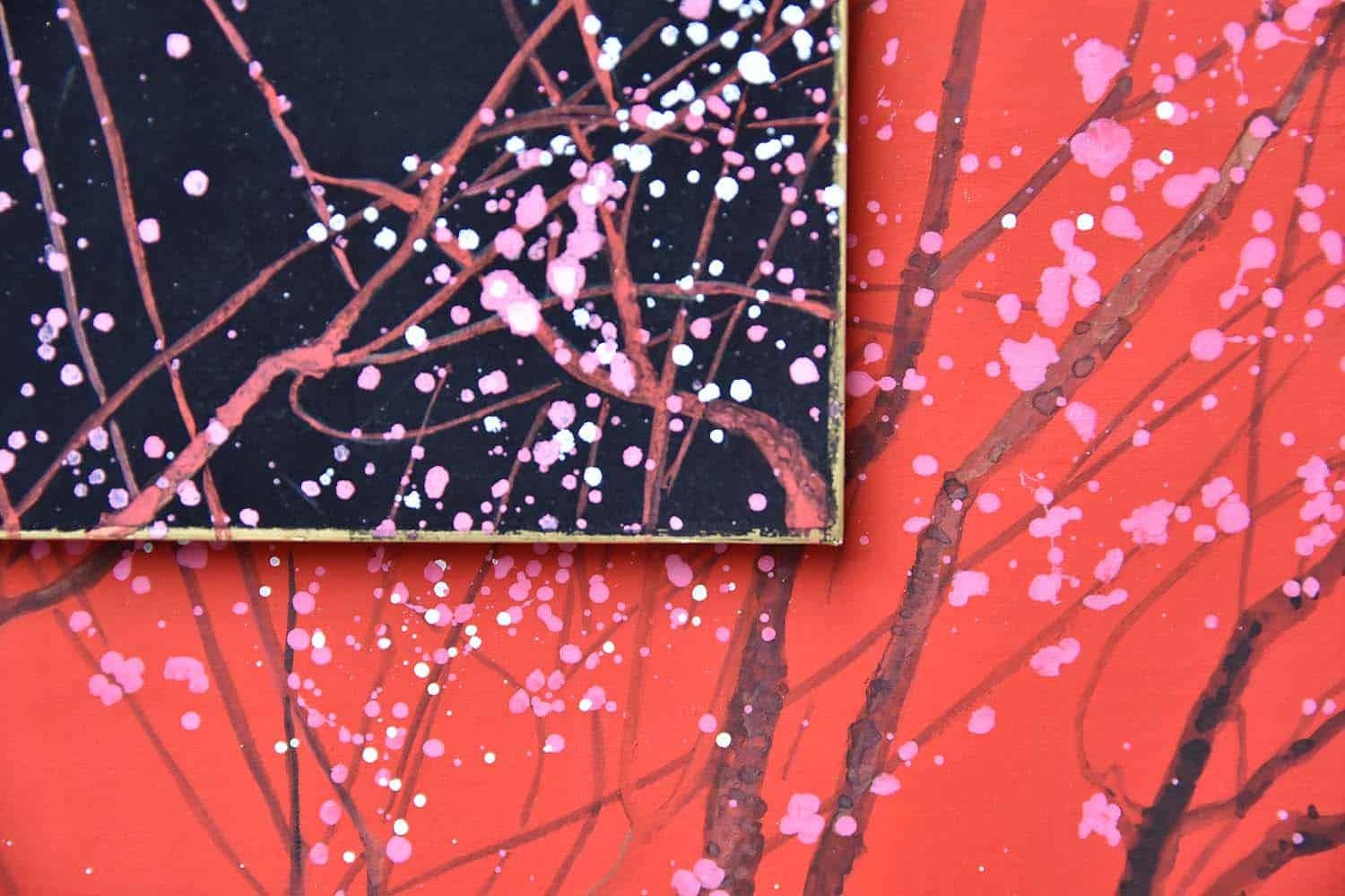 Day and Night II by Lumi Mizutani - Japanese style painting, red, Moon, flower For Sale 8