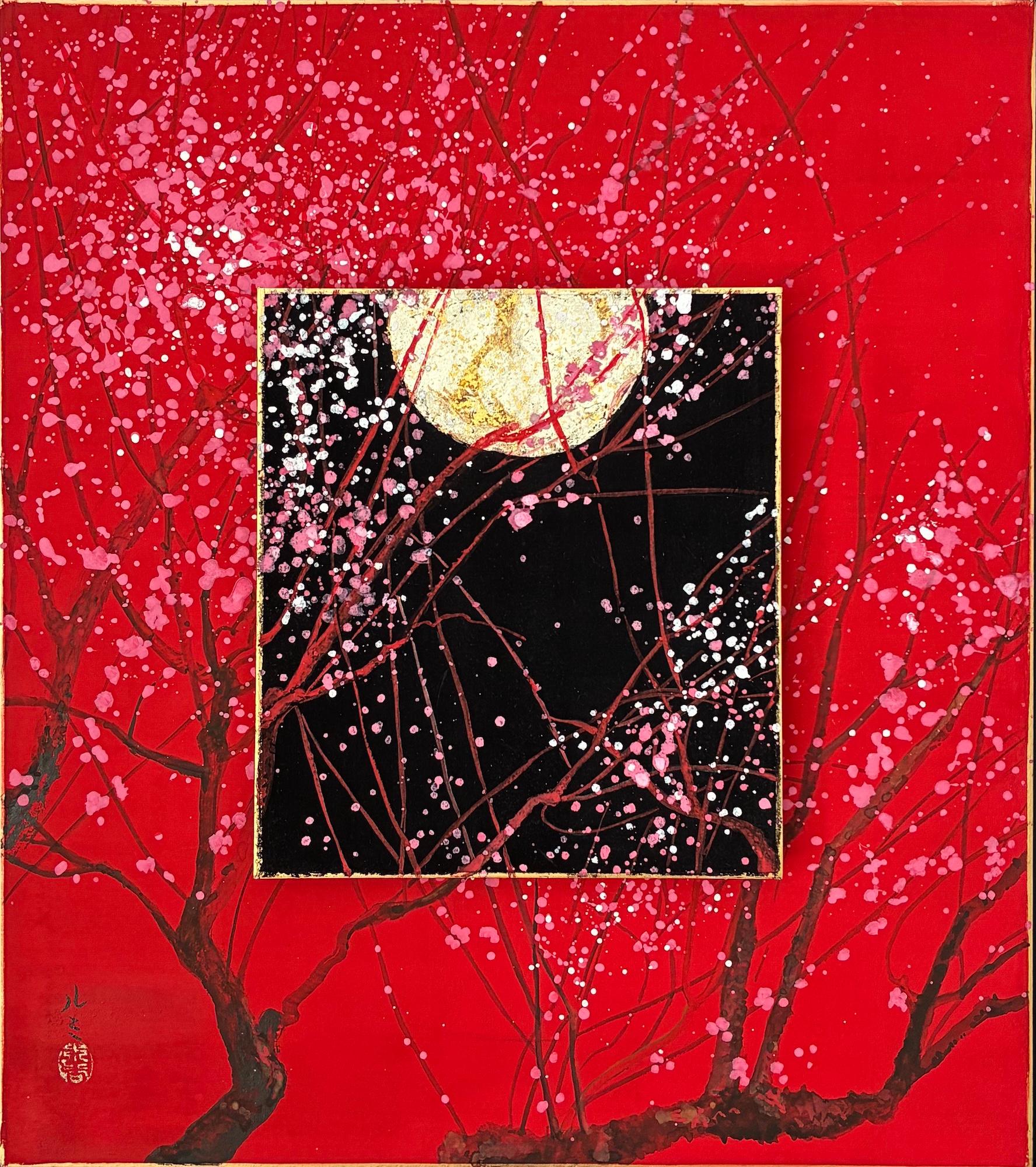 Day and Night II by Lumi Mizutani - Japanese style painting, red, Moon, flower For Sale 2