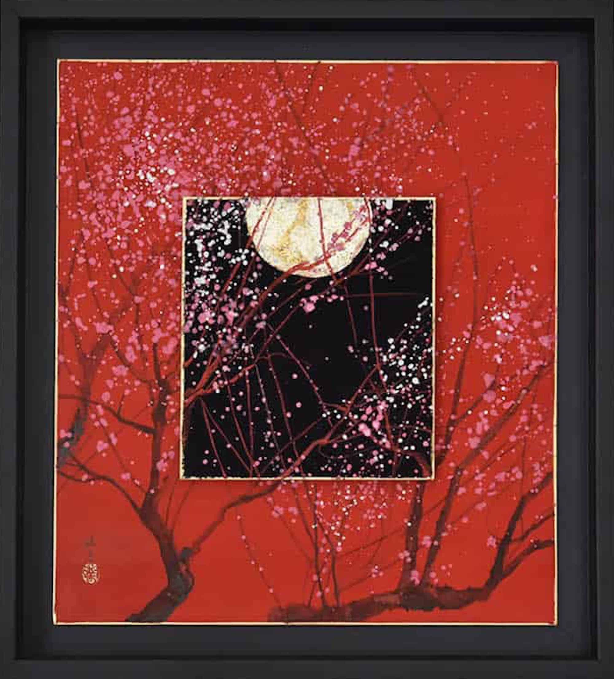 Day and Night II by Lumi Mizutani - Japanese style painting, red, Moon, flower For Sale 3