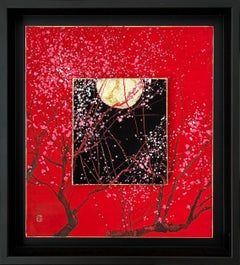 Día y Noche II by Lumi Mizutani - Pintura estilo japonés, rojo, Luna, flor