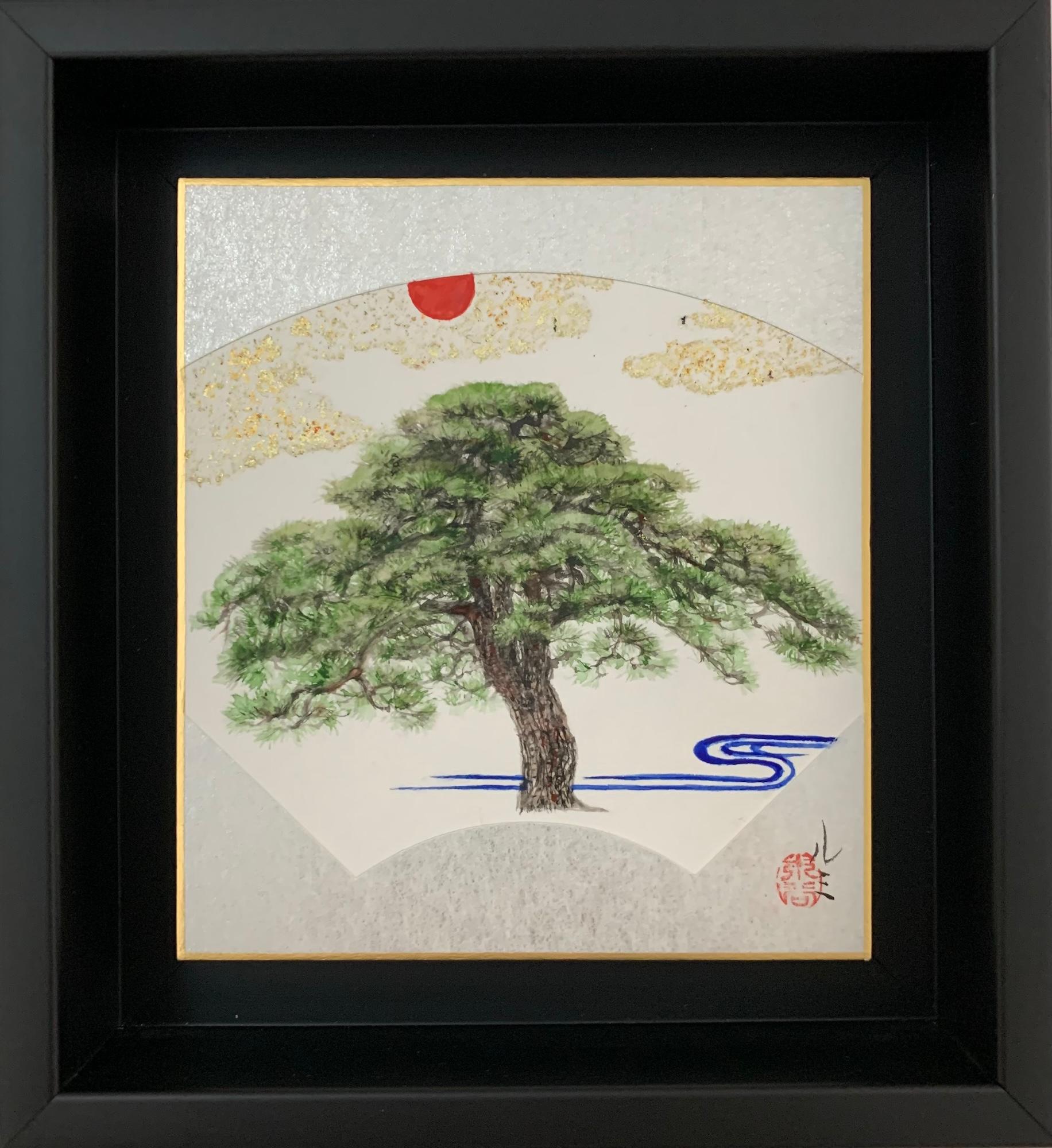Good Weather by Lumi Mizutani - Peinture de style japonais, arbre, feuille d'or en vente 1