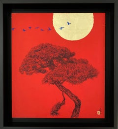 Imperial Pine III di Lumi Mizutani - pittura in stile giapponese, foglia d'oro, rosso