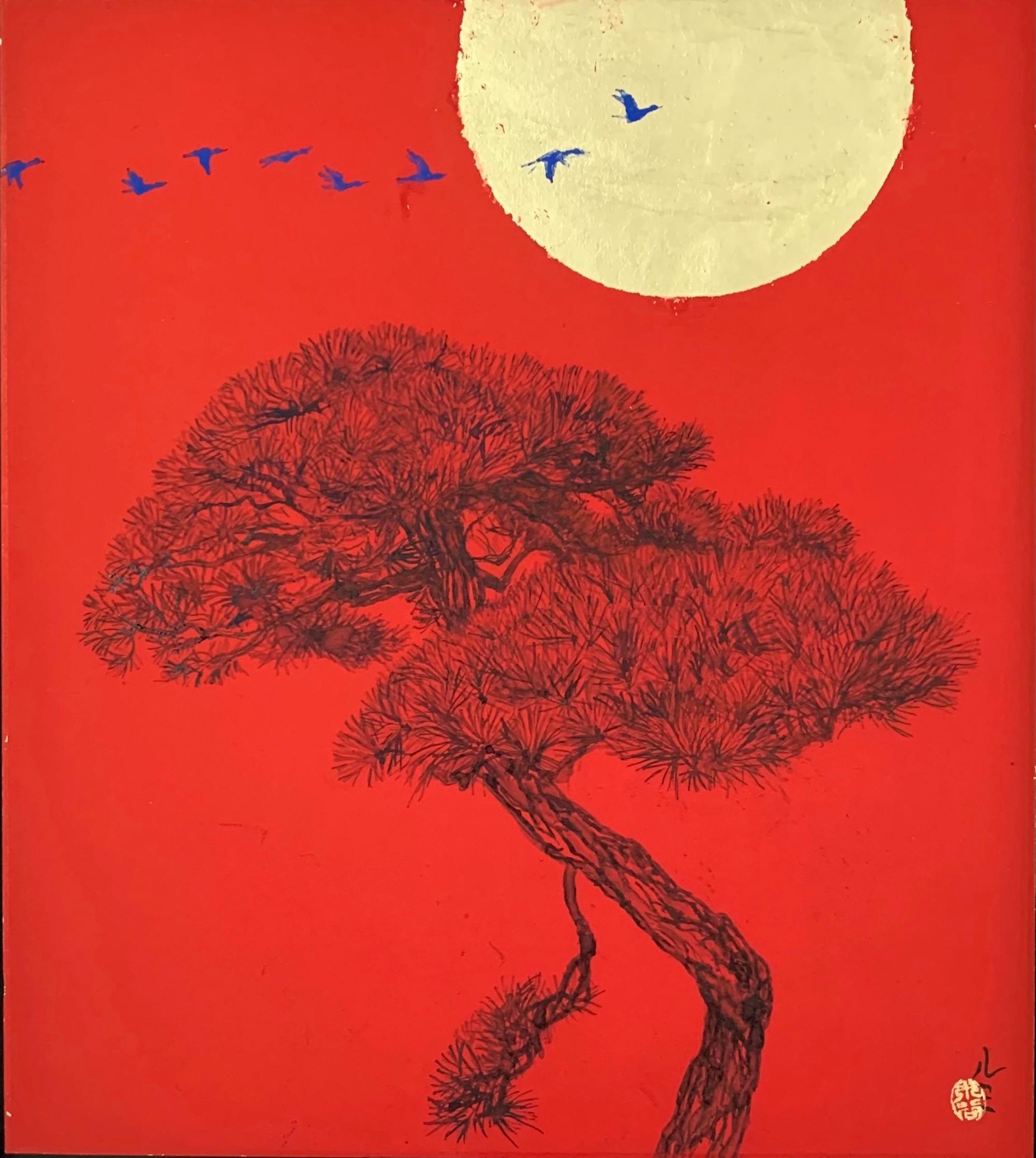 Imperial Pine III is a unique painting by contemporary artist Lumi Mizutani. The painting is made with Chinese painting, Japanese pigment and gold leaf on Japanese cardboard, dimensions are 27.3 × 24.2 cm (10.7 × 9.5 in). Dimensions of the framed