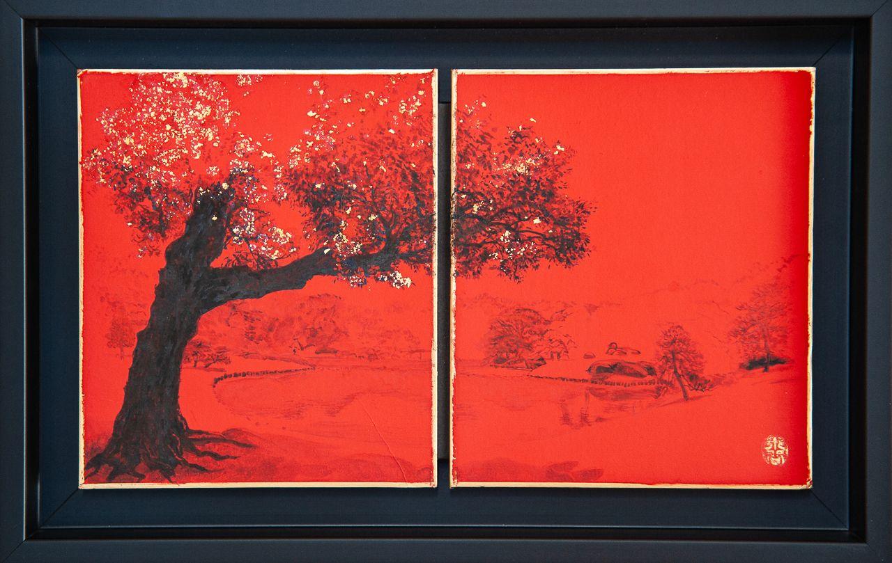 Instalación de 5 cuadros de paisajes de Lumi Mizutani - rojo, naturaleza, Japón en venta 2