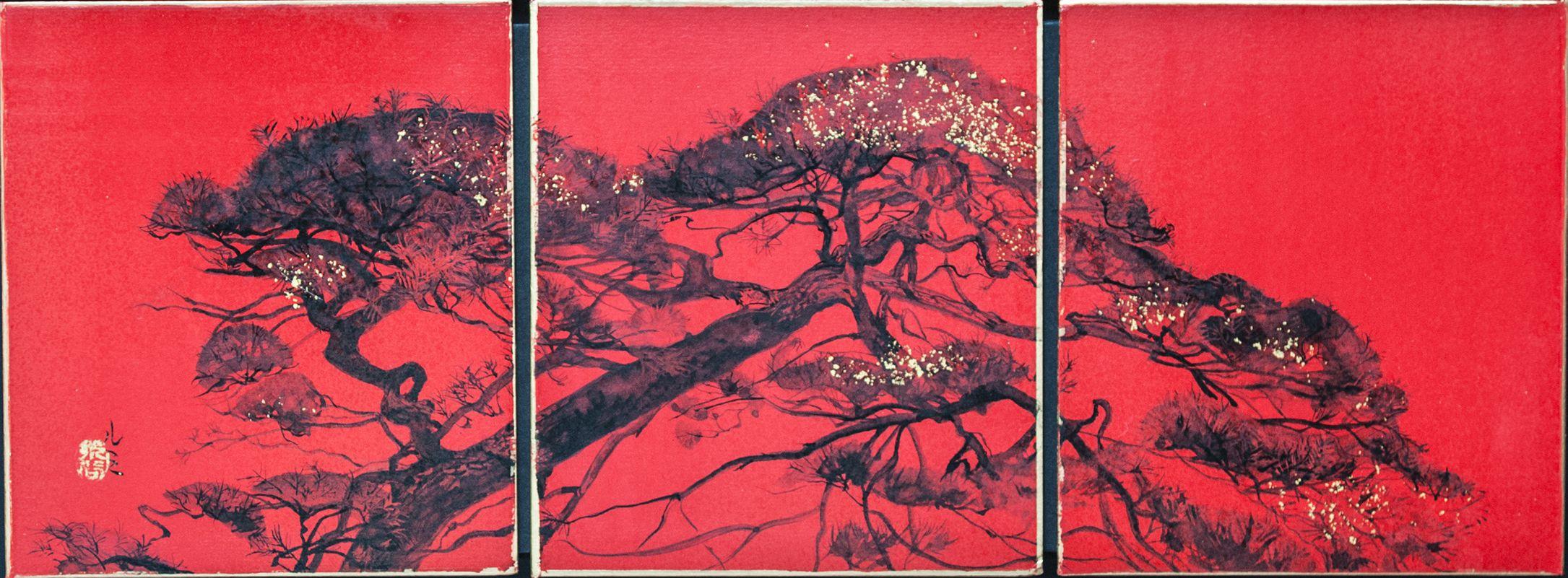 Instalación de 5 cuadros de paisajes de Lumi Mizutani - rojo, naturaleza, Japón en venta 7