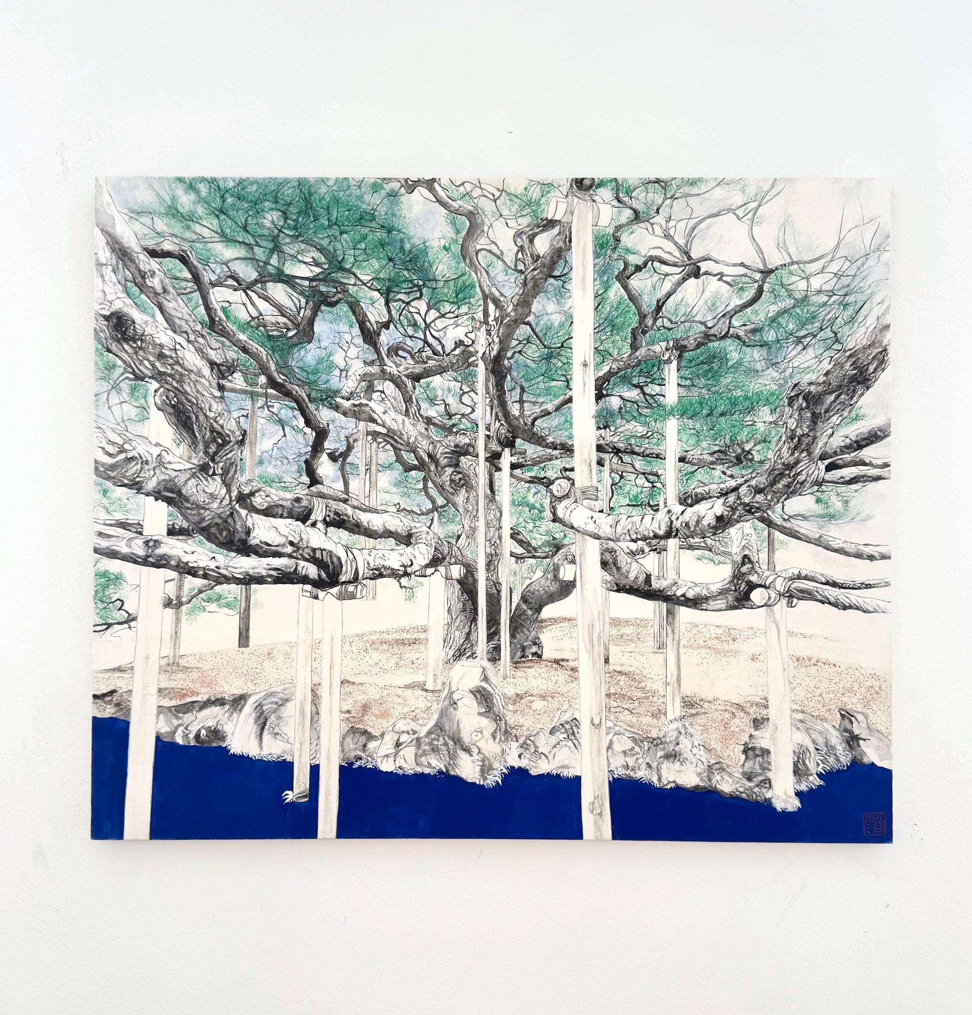 Paysage de Kanazawa - Greene & Greene par Lumi Mizutani - peinture japonaise, arbre, vert en vente 1