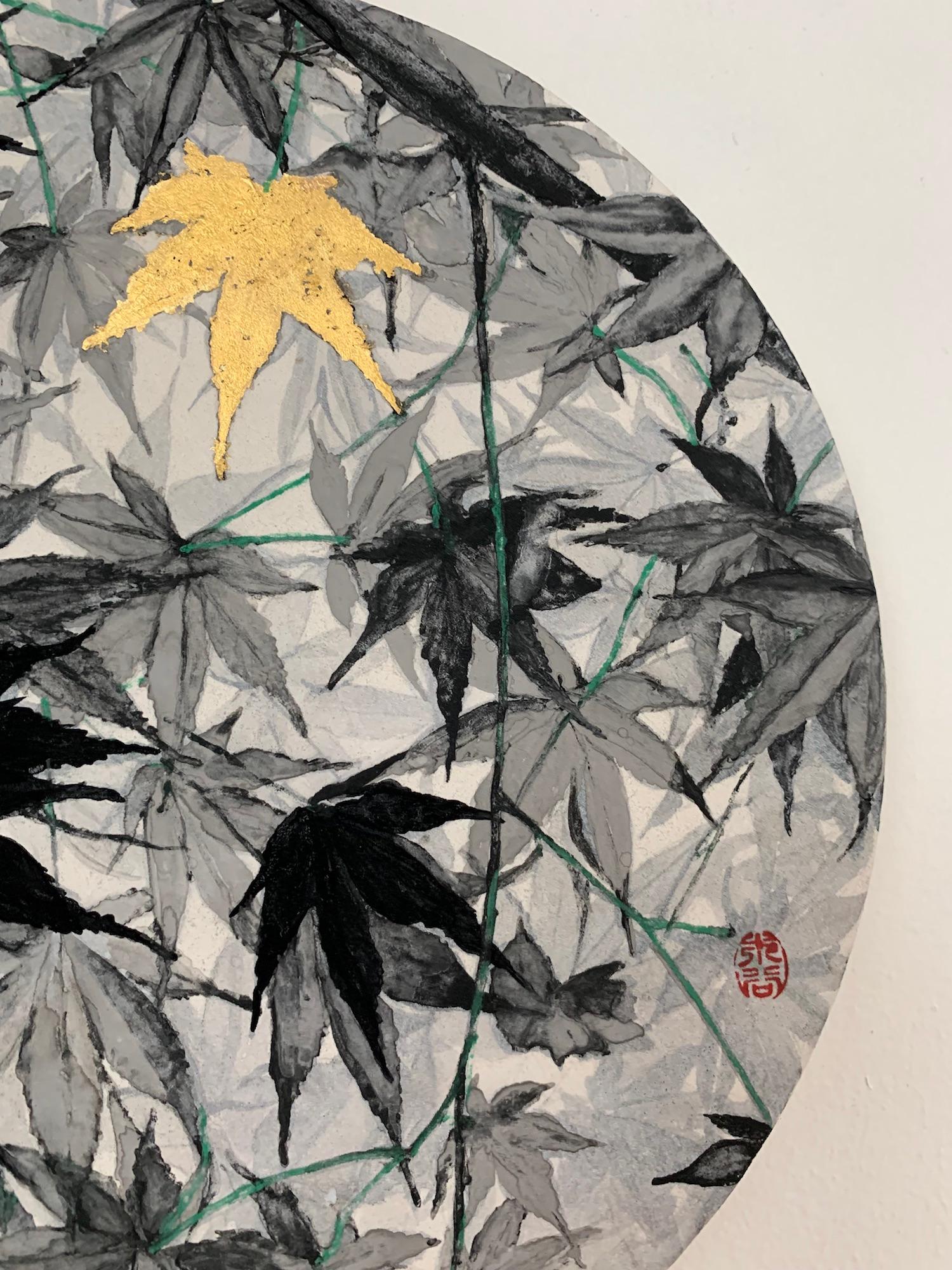 Ahornholz von Lumi Mizutani – Landschaftsgemälde im japanischen Stil, schwarz und gold im Angebot 4
