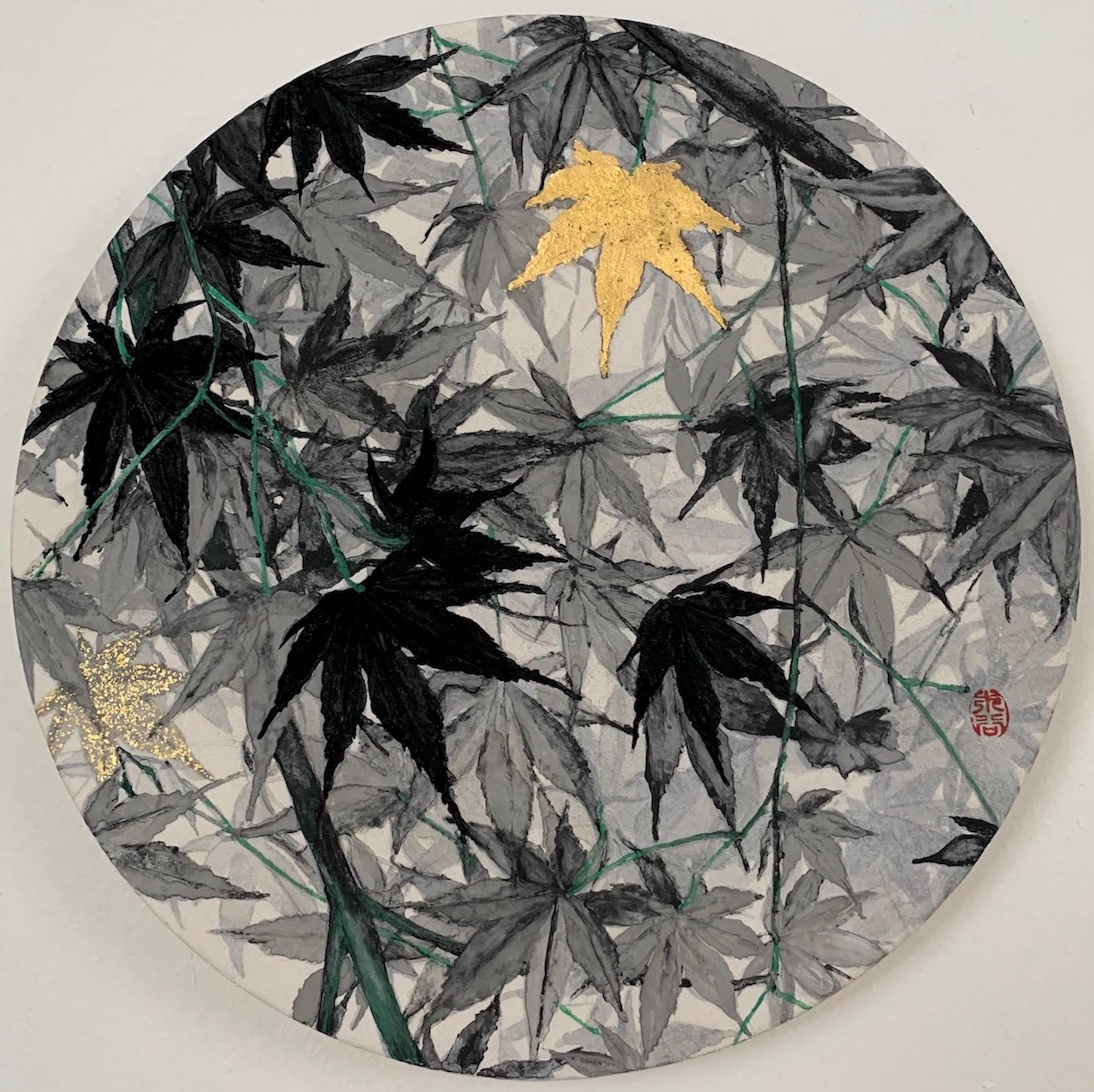 Maples is a unique painting by contemporary artist Lumi Mizutani. The painting is made with pigments, India ink, gold leaf on panel mounted on Japanese paper, diameter is 22.7 cm (8.9 in).
The artwork is signed, sold unframed and comes with a