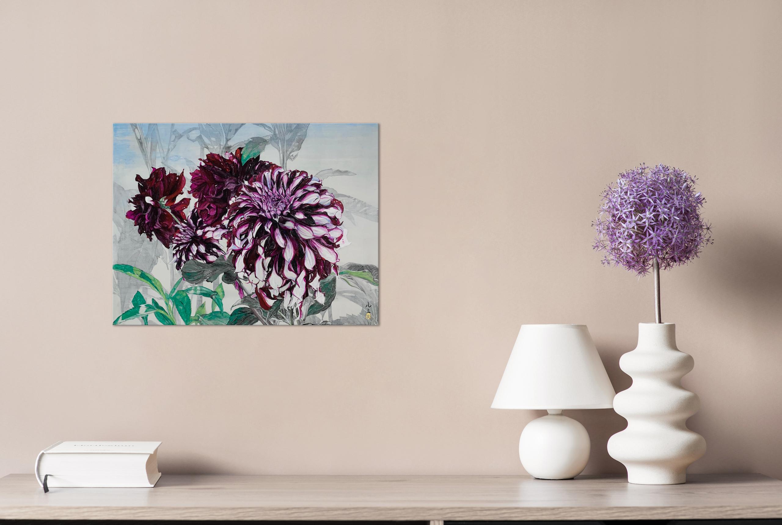 Les dahlias de Monet par Lumi Mizutani - Peinture de paysage, Giverny, fleurs, jardin en vente 1