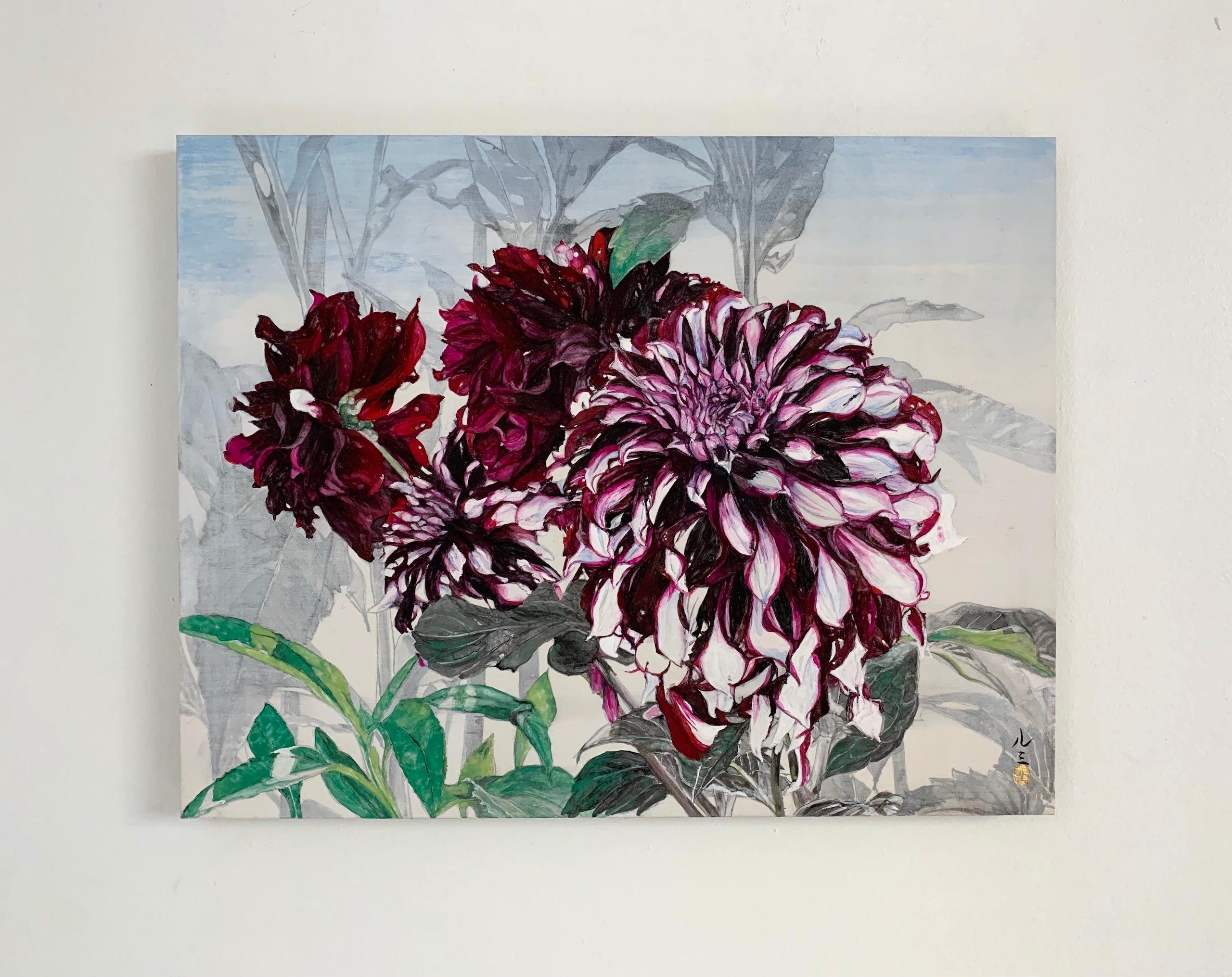 Monet’s Dahlias by Lumi Mizutani - Landscape painting, Giverny, flowers, garden For Sale 2