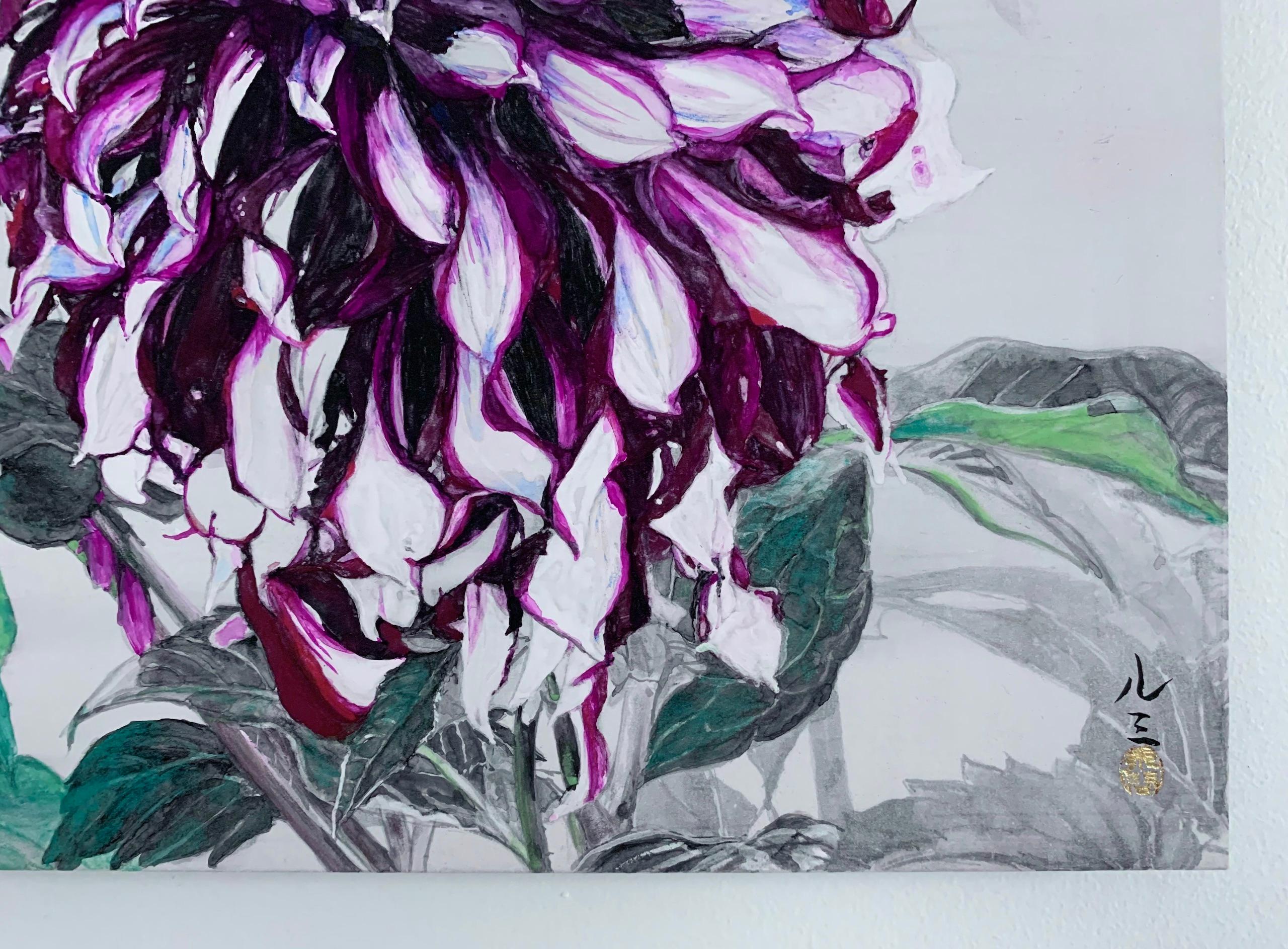 Monet’s Dahlias by Lumi Mizutani - Landscape painting, Giverny, flowers, garden For Sale 6