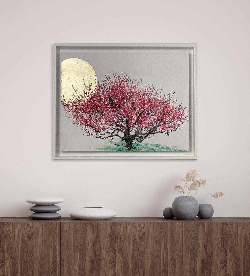 Moonlight-Higashiyama plum tree by Lumi Mizutani - Japanese pigments, gold leaf For Sale 1