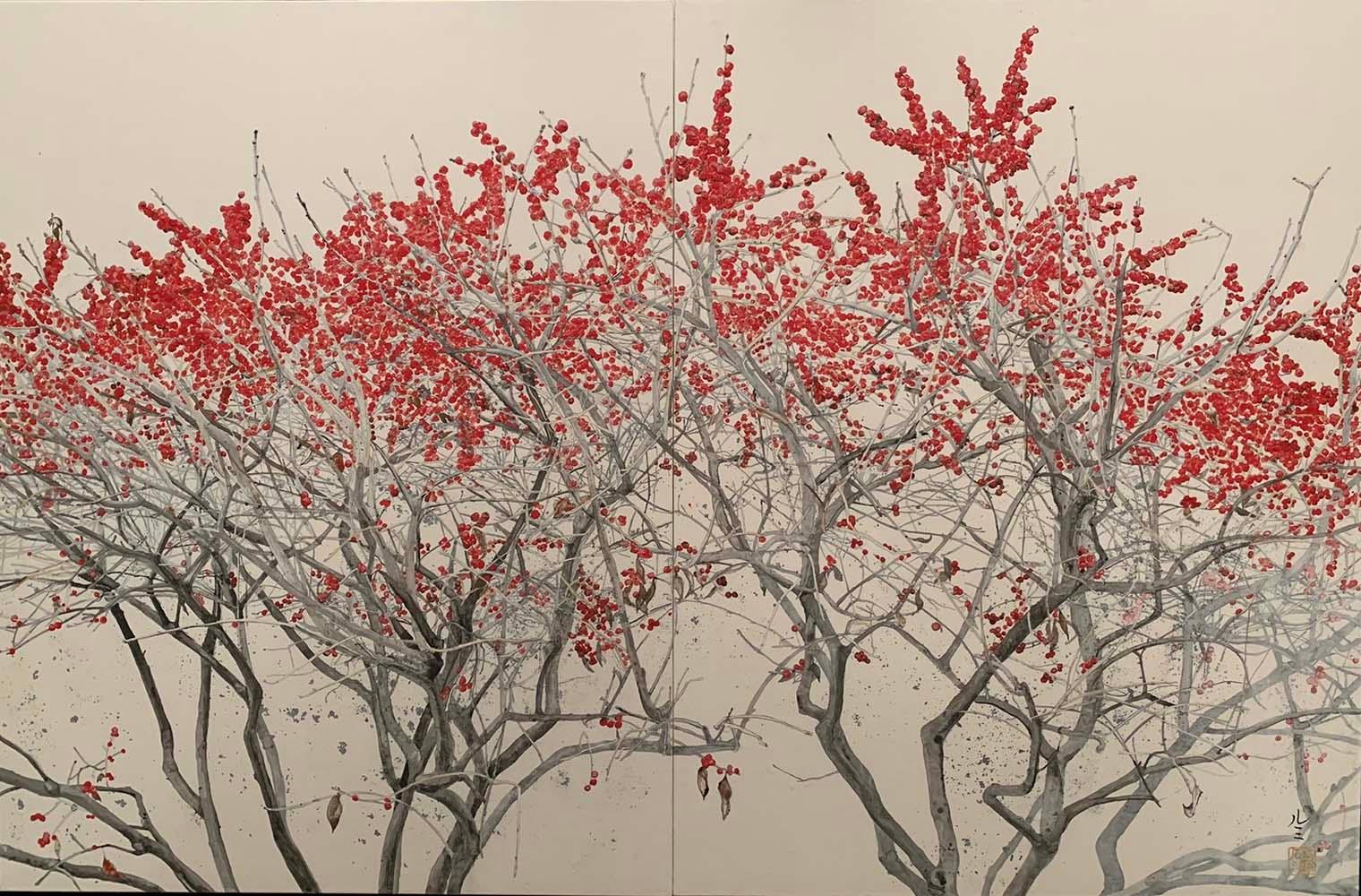 New York Landscape - The High Line IV is a unique diptych painting by contemporary artist Lumi Mizutani. The painting is made with pigments, Indian ink, silver leaf and black leaf on Japanese paper mounted on panel, dimensions are 65.2 × 100 cm
