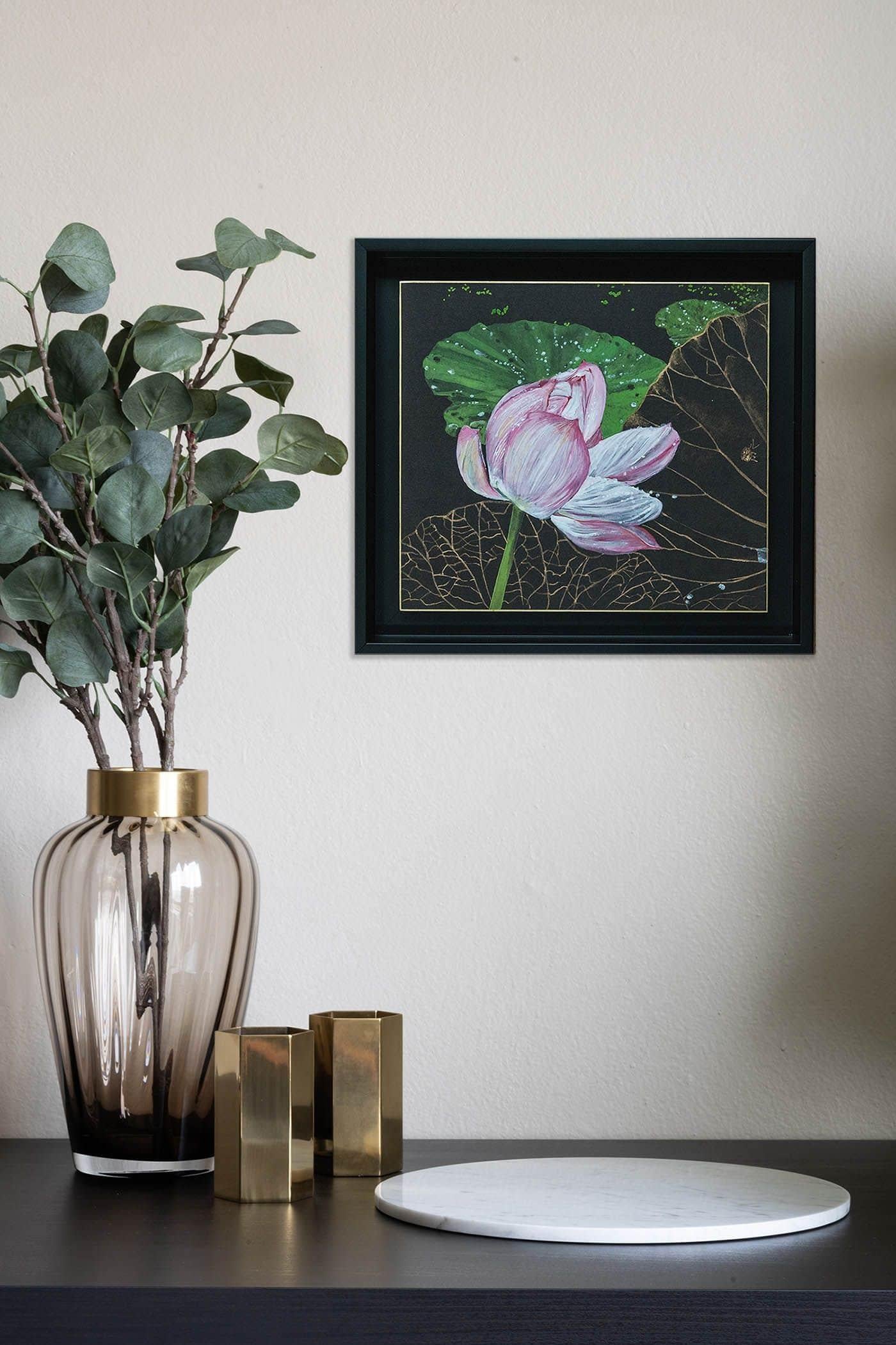 Night Lotus by Lumi Mizutani - Japanese style painting, flowers, flora, pink For Sale 2