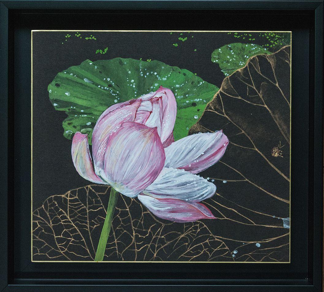 Night Lotus is a unique painting by Japanese contemporary artist Lumi Mizutani. This painting is made with mixed media, dimensions are 24.2 × 27.3 cm (9.5 × 10.7 in). Dimensions of the framed artwork are 30,2 x 33,3 cm (11.8 x 13.1 in). 
The artwork