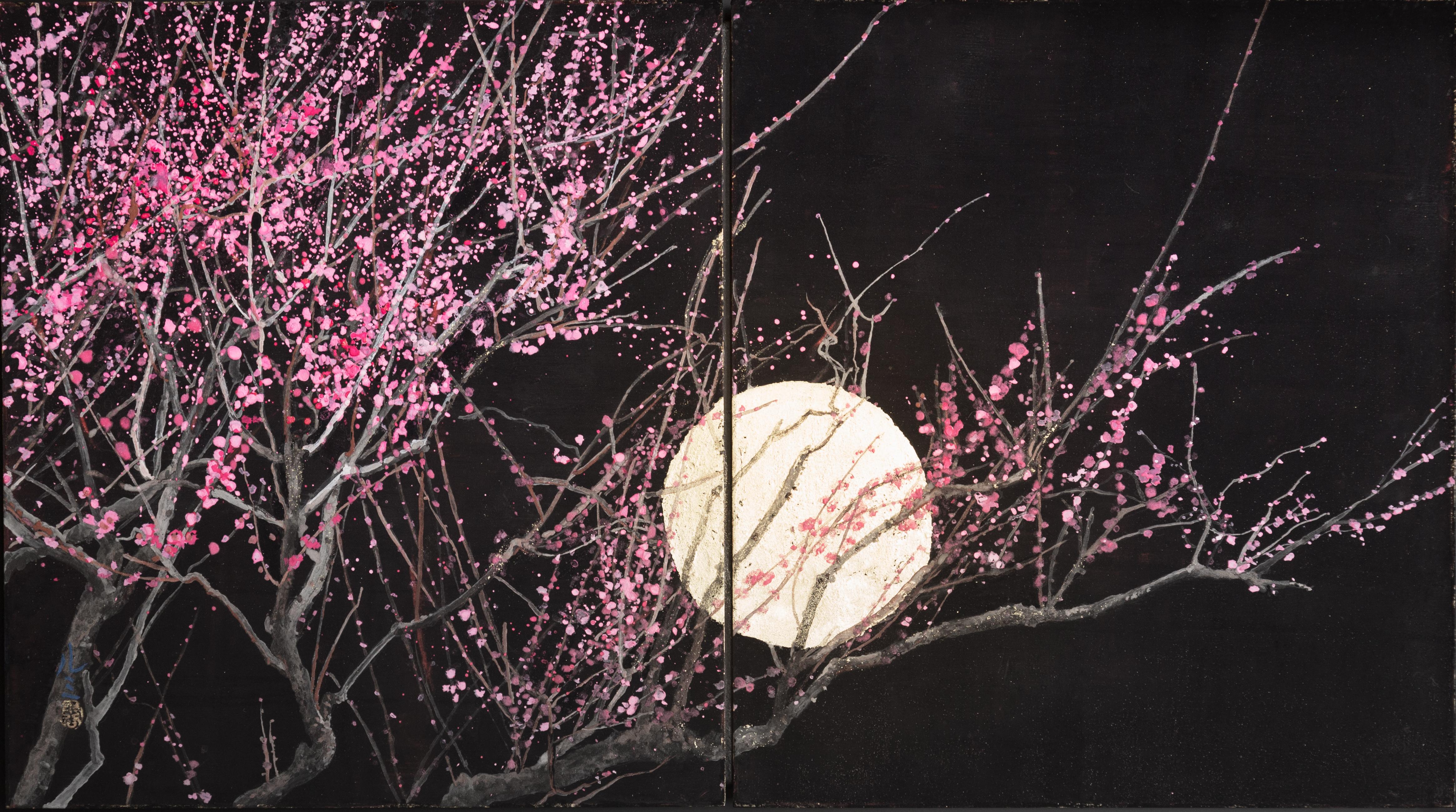 Nocturn III von Lumi Mizutani - Japanische Malerei, Blattgold, Schwarz, Rosa, Nature im Angebot 2