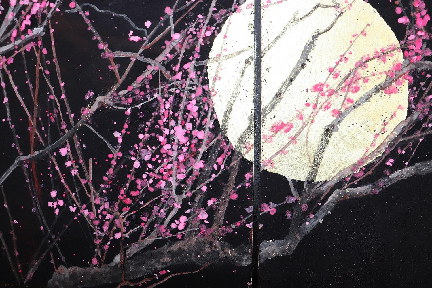 Nocturn III von Lumi Mizutani - Japanische Malerei, Blattgold, Schwarz, Rosa, Nature im Angebot 3