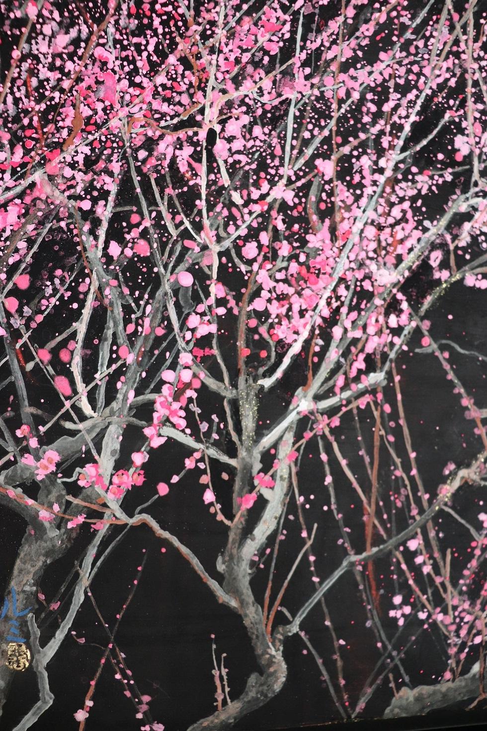 Nocturn III von Lumi Mizutani - Japanische Malerei, Blattgold, Schwarz, Rosa, Nature im Angebot 5