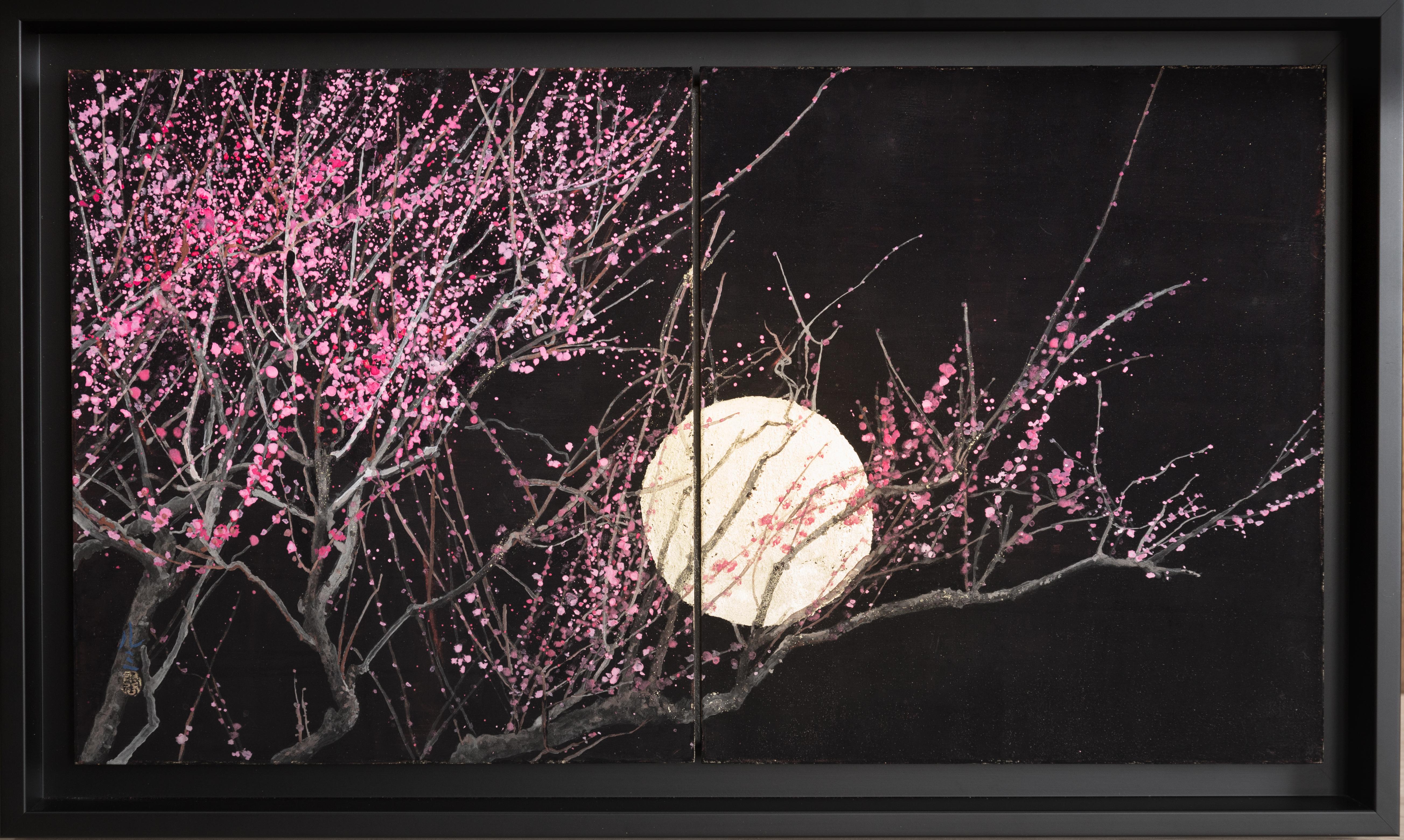 Nocturn III by Lumi Mizutani - Japanese painting, gold leaf, black, pink, nature
