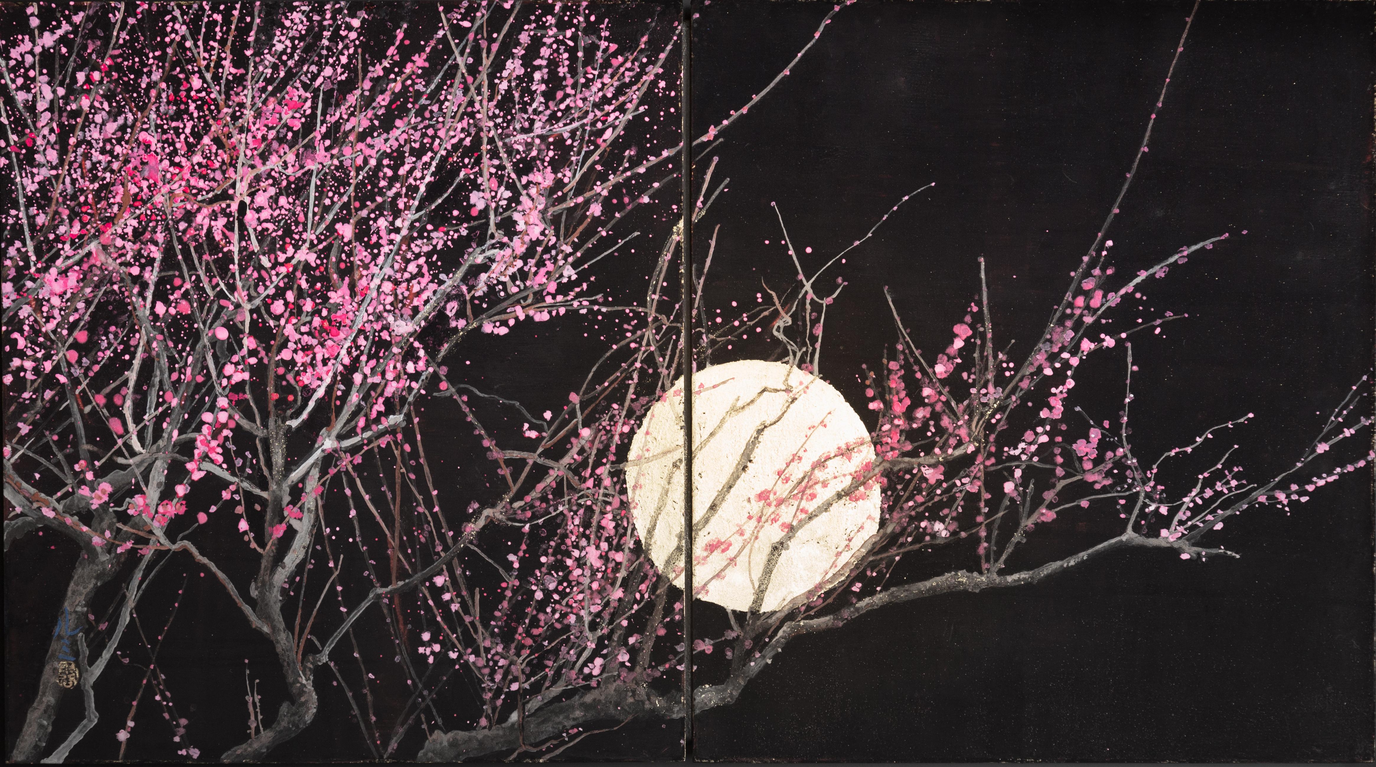 Peinture japonaise « Nocturn III » de Lumi Mizutani, feuille d'or, fond sombre en vente 2