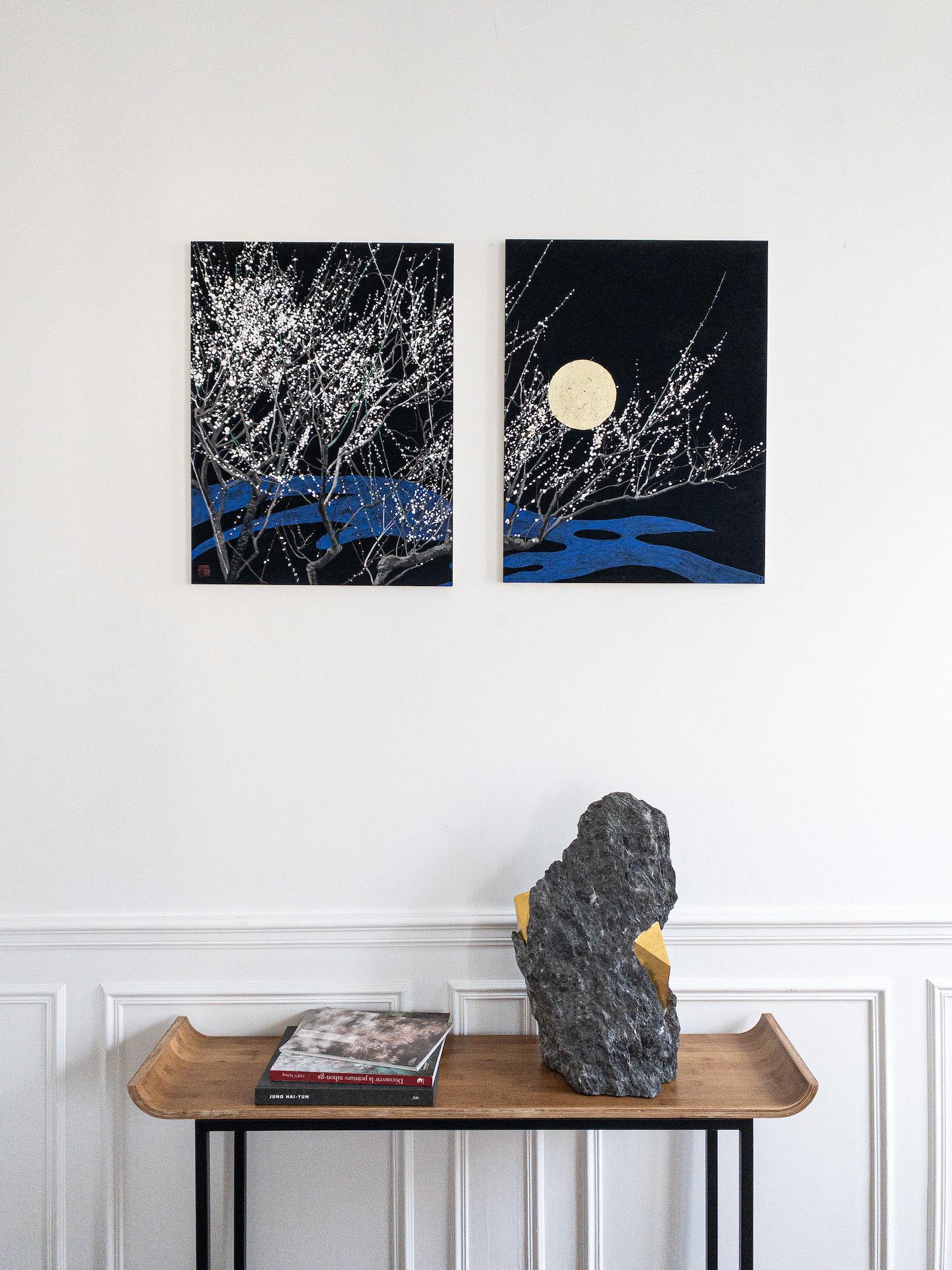 Nocturn IV von Lumi Mizutani – japanisches Landschaftsgemälde mit Blattgold, Schwarz, Schwarz und Blau im Angebot 1