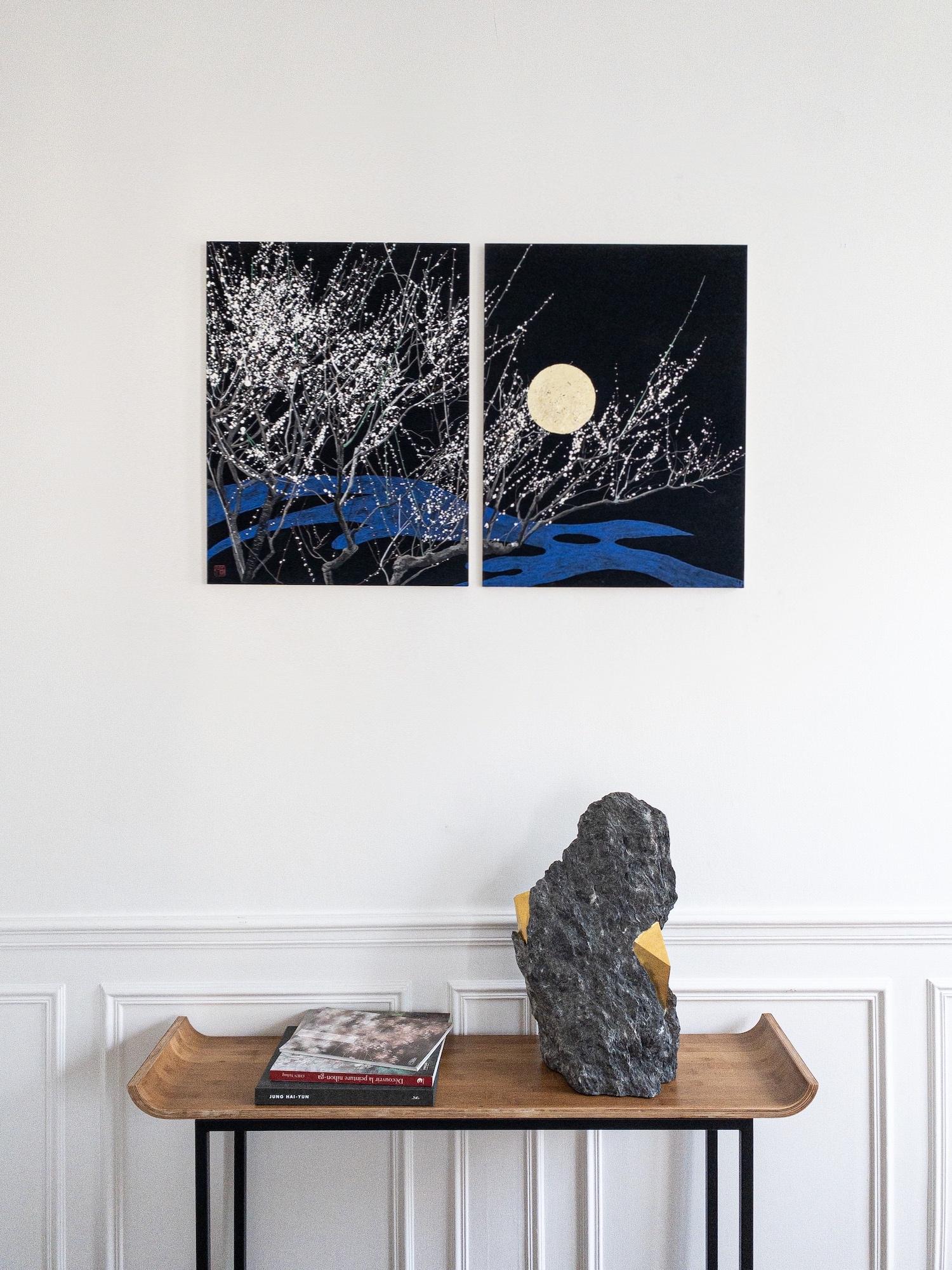 Nocturn IV von Lumi Mizutani – japanisches Landschaftsgemälde mit Blattgold, Schwarz, Schwarz und Blau im Angebot 3