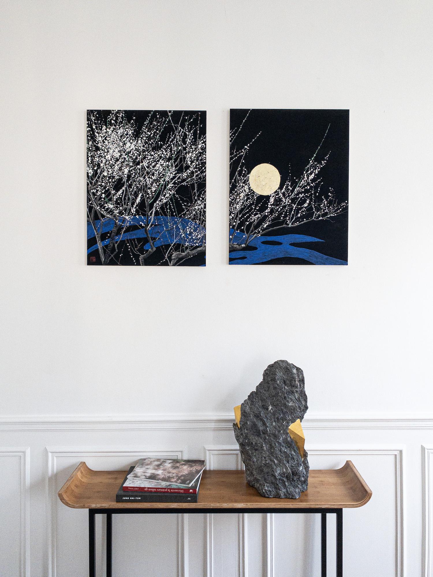 Nocturn IV by Lumi Mizutani - Japanese landscape painting, gold leaf, tree, moon For Sale 1