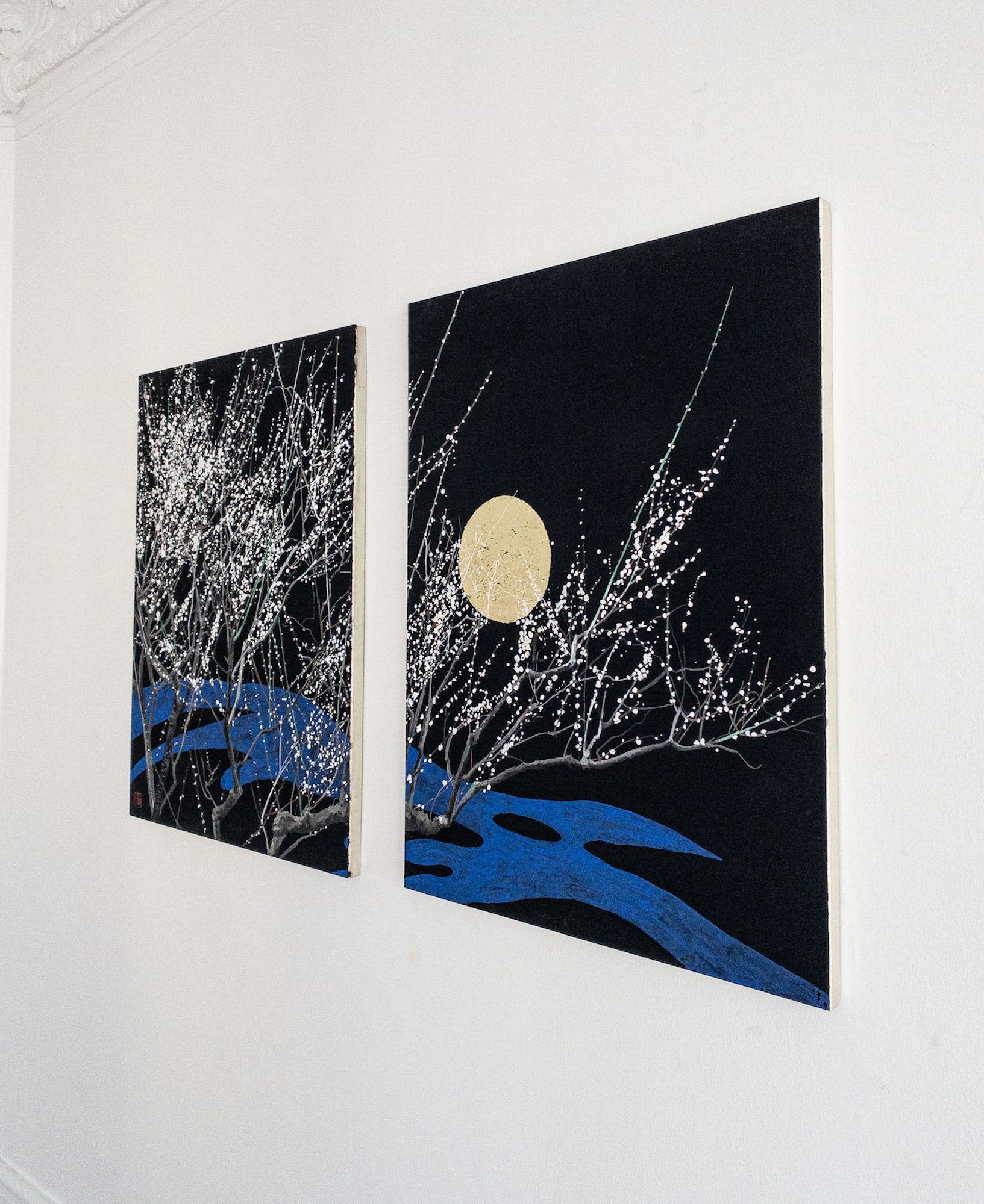 Nocturn IV by Lumi Mizutani - Japanese landscape painting, gold leaf, tree, moon For Sale 3