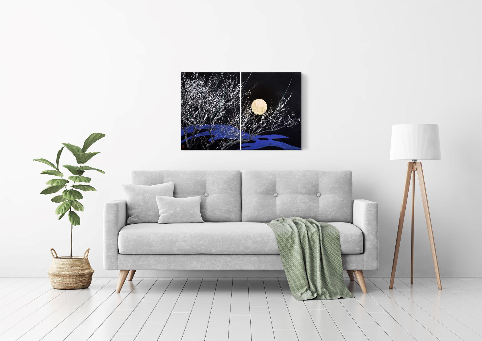Nocturn IV di Lumi Mizutani - Paesaggio giapponese, foglia d'oro, albero e luna in vendita 7