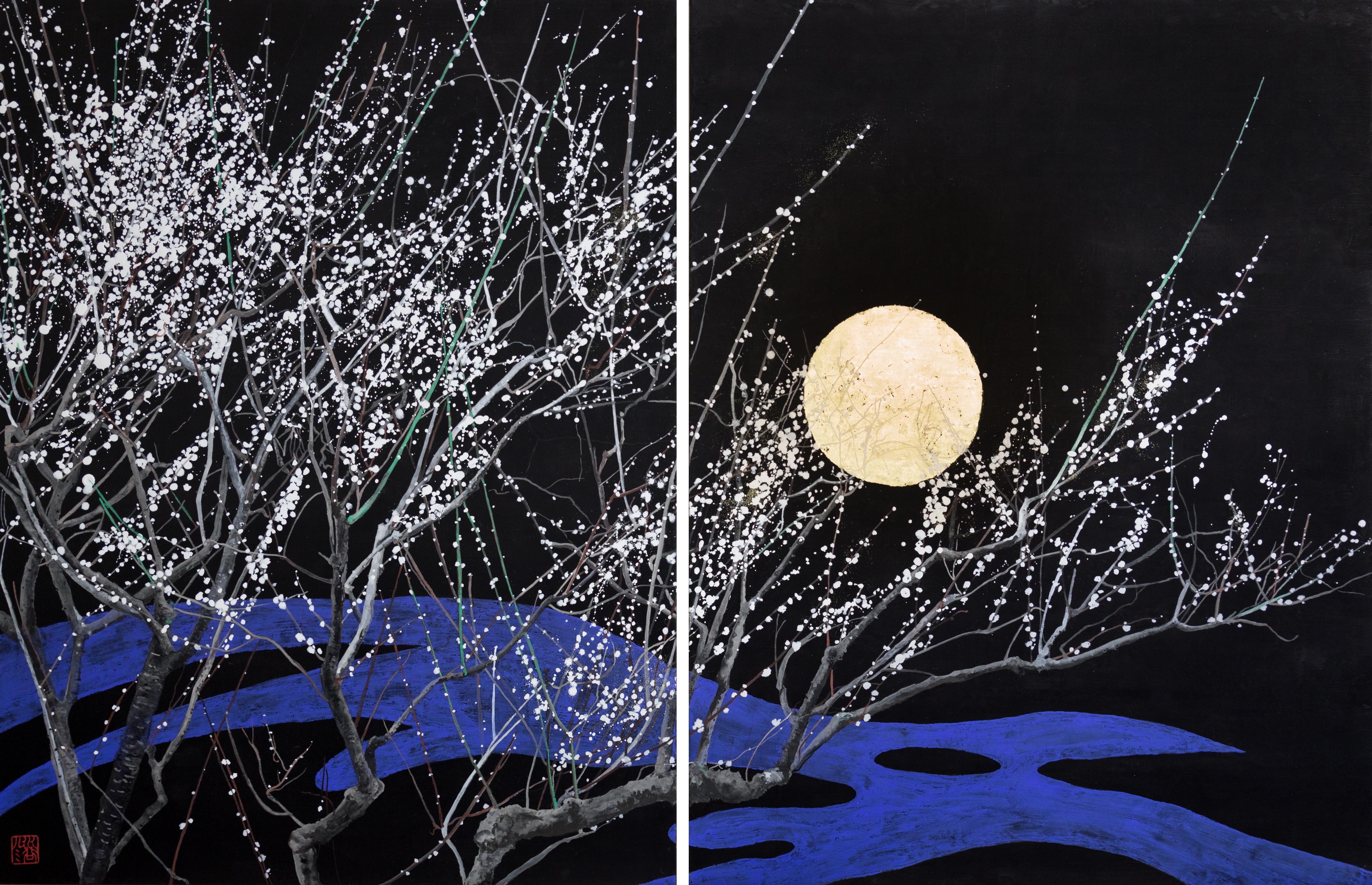 Nocturn IV  is a unique diptych painting by contemporary artist Lumi Mizutani. The painting is made with Japanese pigments and gold leaves on Japanese paper mounted on panel, dimensions are 65.2 × 100 cm (25.7 × 39.4 in).
The artwork is signed, sold