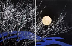 Nocturn IV di Lumi Mizutani - Paesaggio giapponese, foglia d'oro, albero e luna